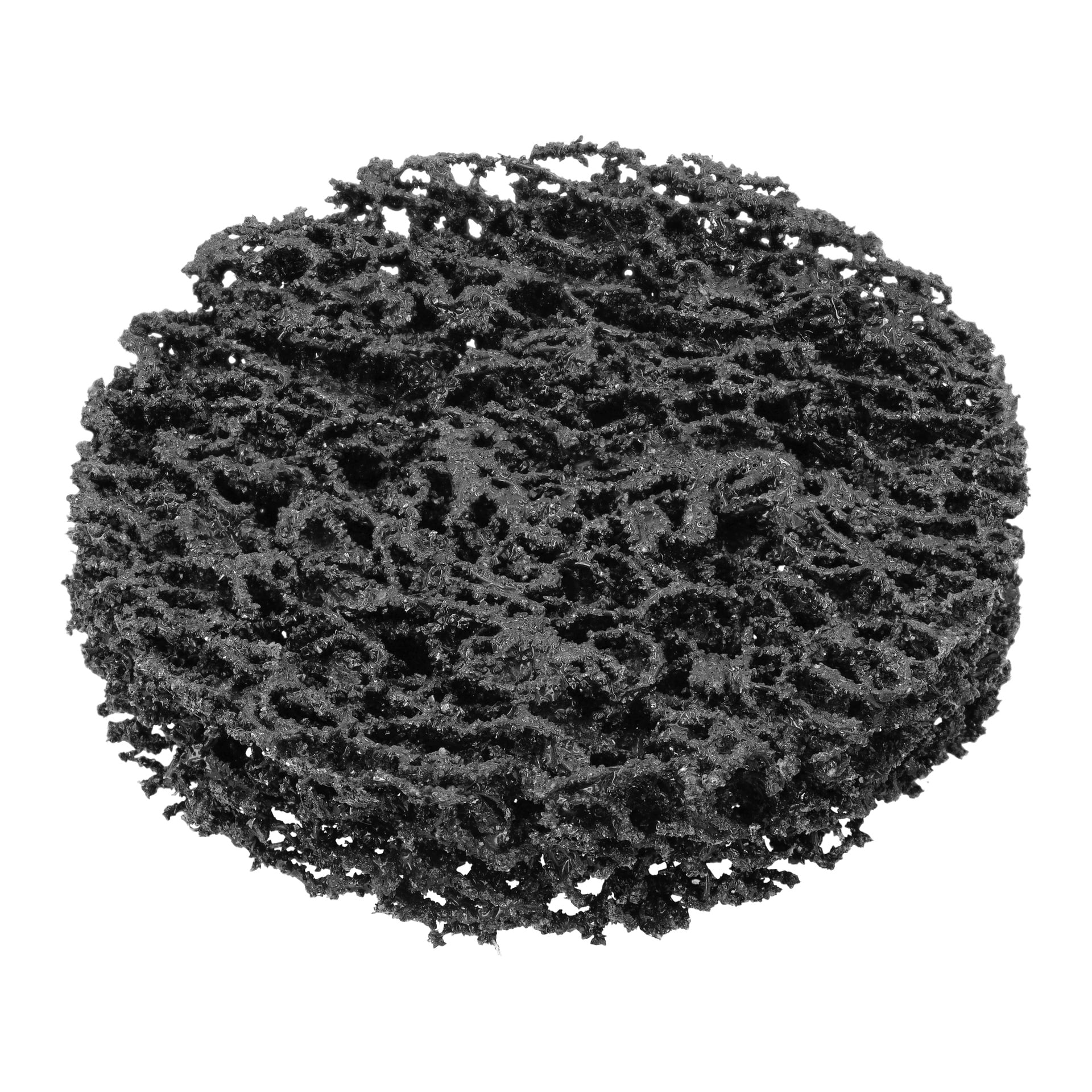 Ein runder, poröser Gegenstand, der einem schwarzen Metallreiniger oder Scheuerpad ähnelt – der Meec Tools Heavy Duty Cleaner für Schraubenzieher – besitzt eine verhedderte, unregelmäßige, schwammartige Textur, die darauf hindeutet, dass er für anspruchsvolle Reinigungsarbeiten gemacht ist.