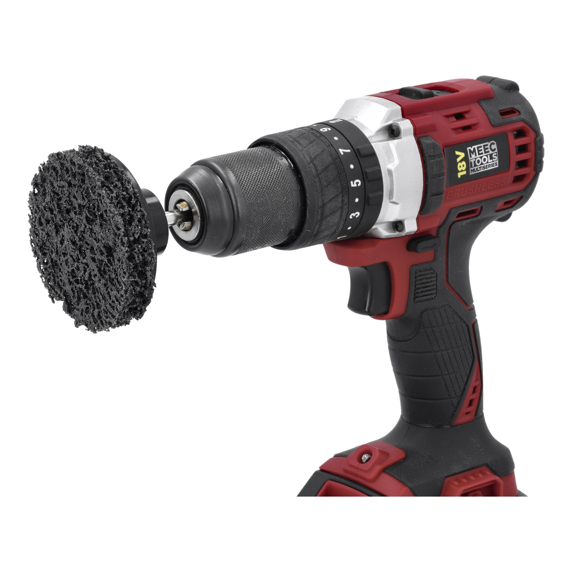 Ein rot-schwarzer Meec Tools Heavy Duty Cleaner für Schraubendreher verfügt über einen strukturierten schwarzen Schleifaufsatz im Chuck, der für Reinigung oder Oberflächenvorbereitung konzipiert ist. Das Meec Tools-Logo erscheint an der Seite des Werkzeugs.