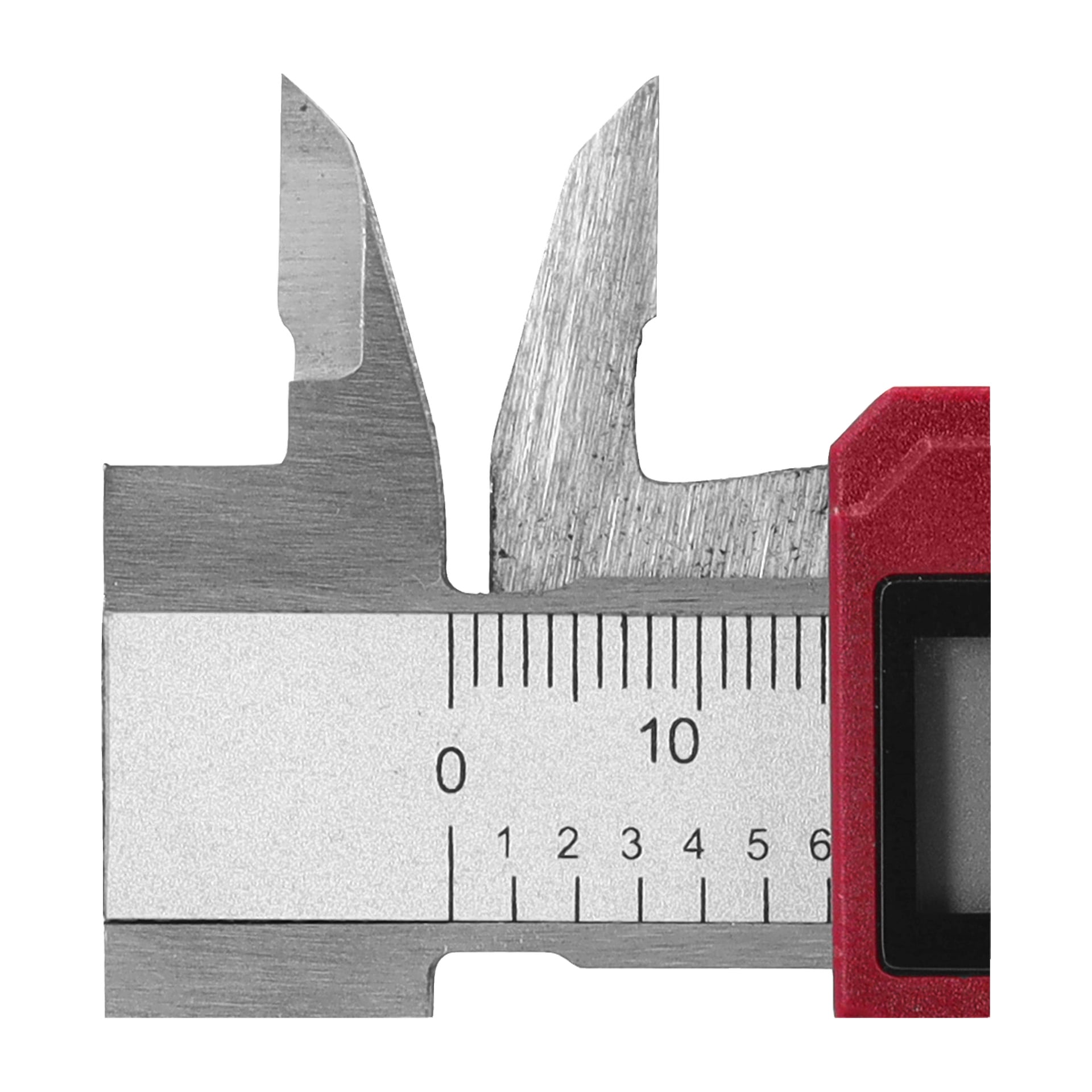 Nahaufnahme eines Meec Tools Digital Vernier Bremssattels, der eine Messung vornimmt, mit dem roten digitalen Displaygehäuse auf der rechten Seite. Die Skala zeigt das Maß in Millimetern an.