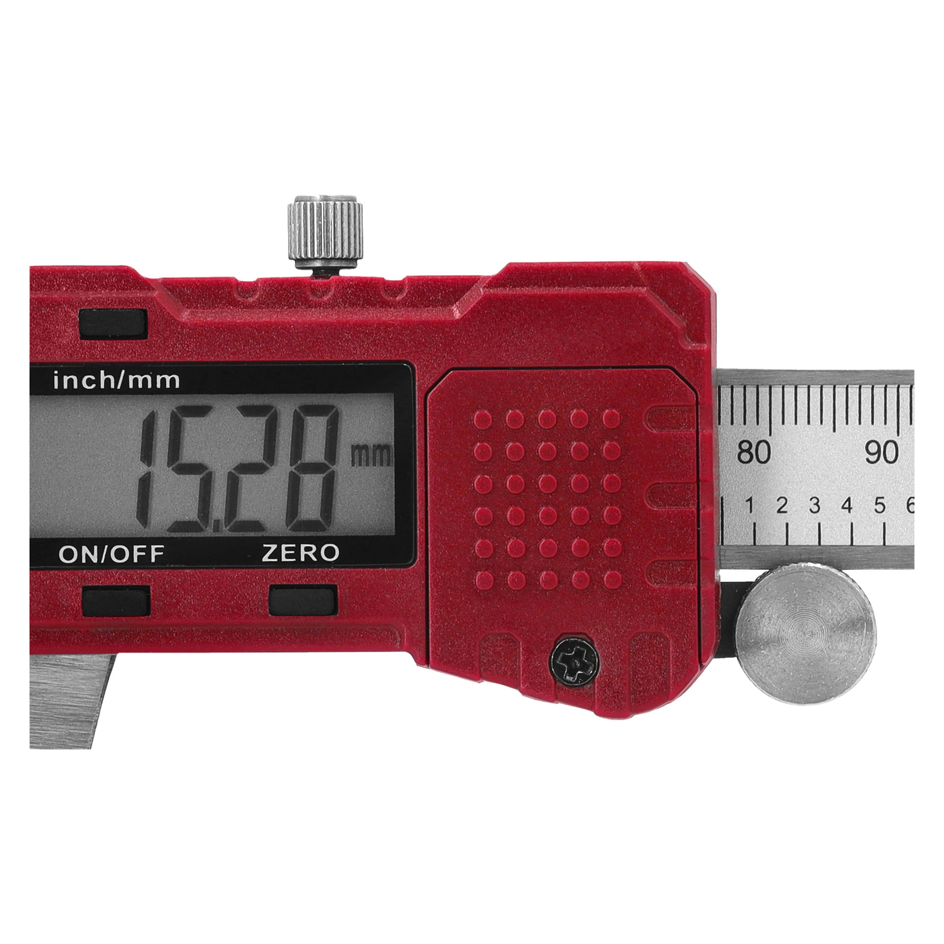Ein roter Meec Tools Digital Vernier Bremssattel zeigt auf seinem Display eine Anzeige von 15,28 mm an, wobei ein Teil der silbernen Messwaage und der Kiefer neben dem Bildschirm sichtbar sind.