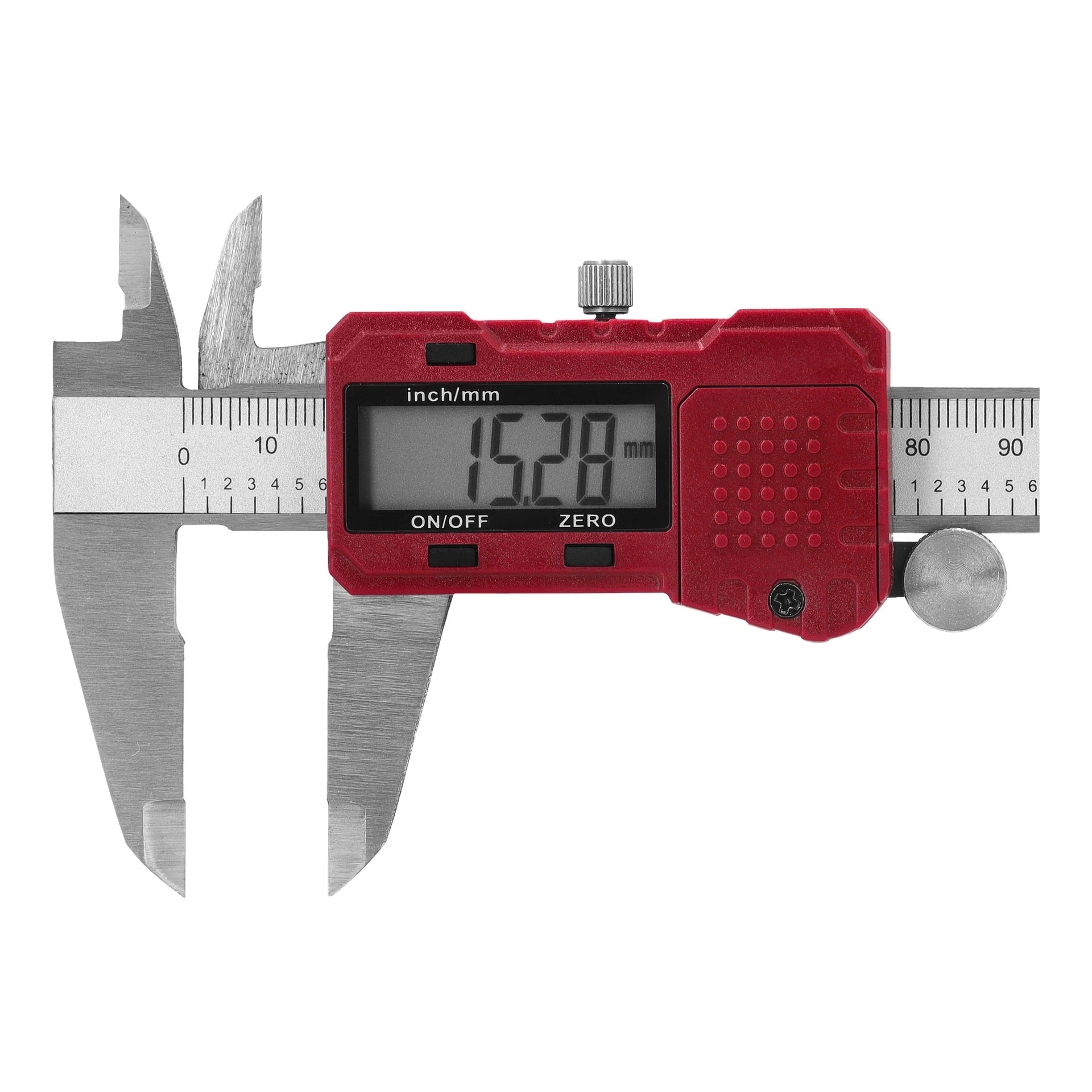 Ein digitaler Vernier-Bremssattel von Meec Tools mit rotem Gehäuse zeigt eine Anzeige von 15,28 Millimetern an, da er die äußere Breite eines Gegenstands misst.