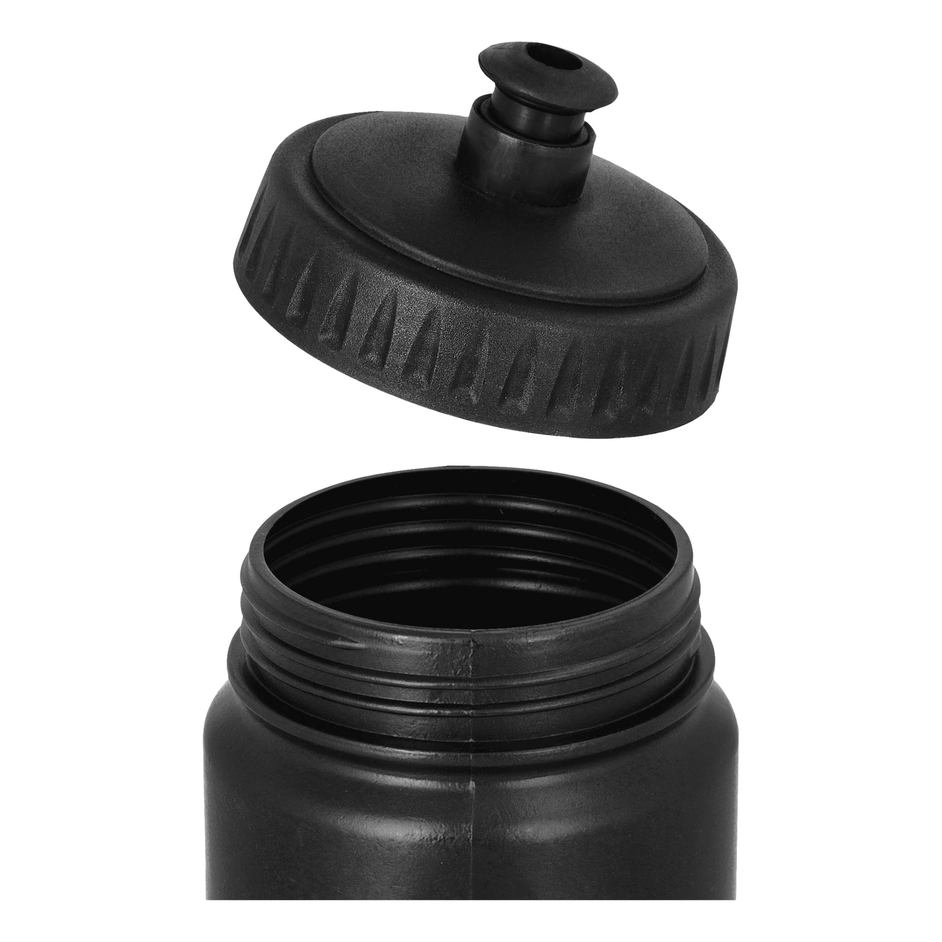 Eine detaillierte Nahaufnahme zeigt die Kayoba-Wasserflasche aus schwarzem Kunststoff, deren Schraubverschluss darüber schwebt und sowohl der Deckel als auch die Gewinde der Flasche sichtbar sind.
