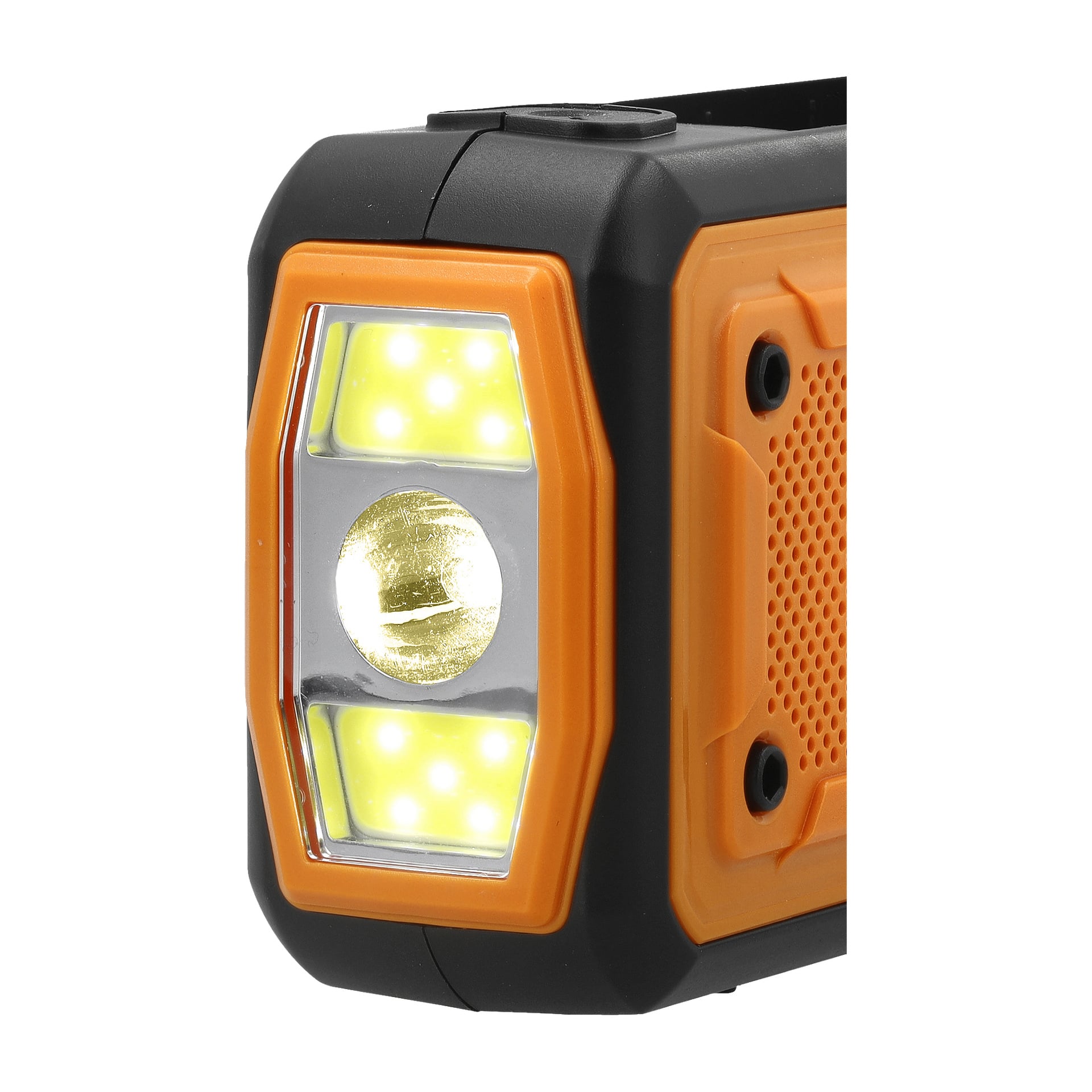 Detaljerad vy av Bright Wind Up Radio med Solar Cell FM/DAB, som visar dess orange och svarta kompakta design. Framsidan visar flera LED-lampor som cirklar runt en central glödlampa. Höljet har en texturerad yta för grepp, tillsammans med synliga skruvar som förstärker dess robusta utseende.