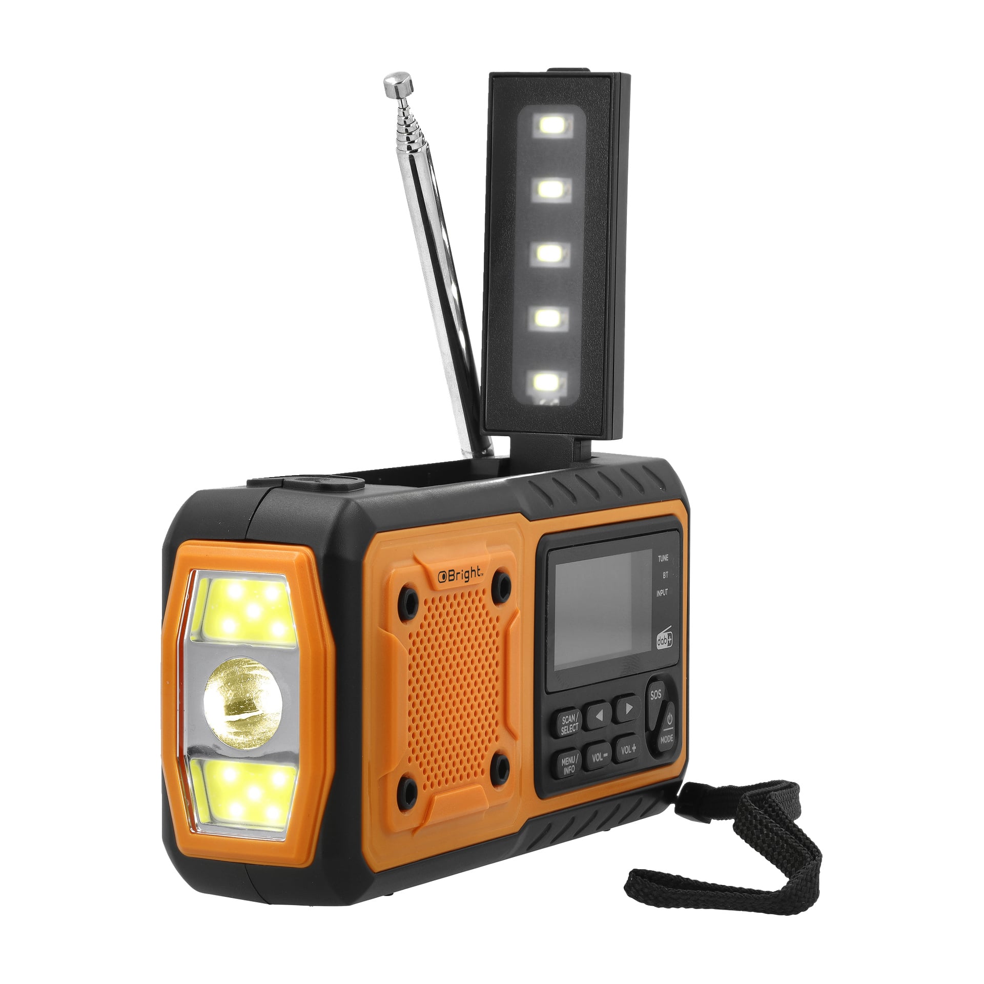 En kompakt orange och svart Bright Wind-radio med solcells-FM/DAB, utrustad med en LED-ficklampa, vikbar LED-läslampa, antenn, digital display, olika kontrollknappar, en högtalare och ett handledsrem.