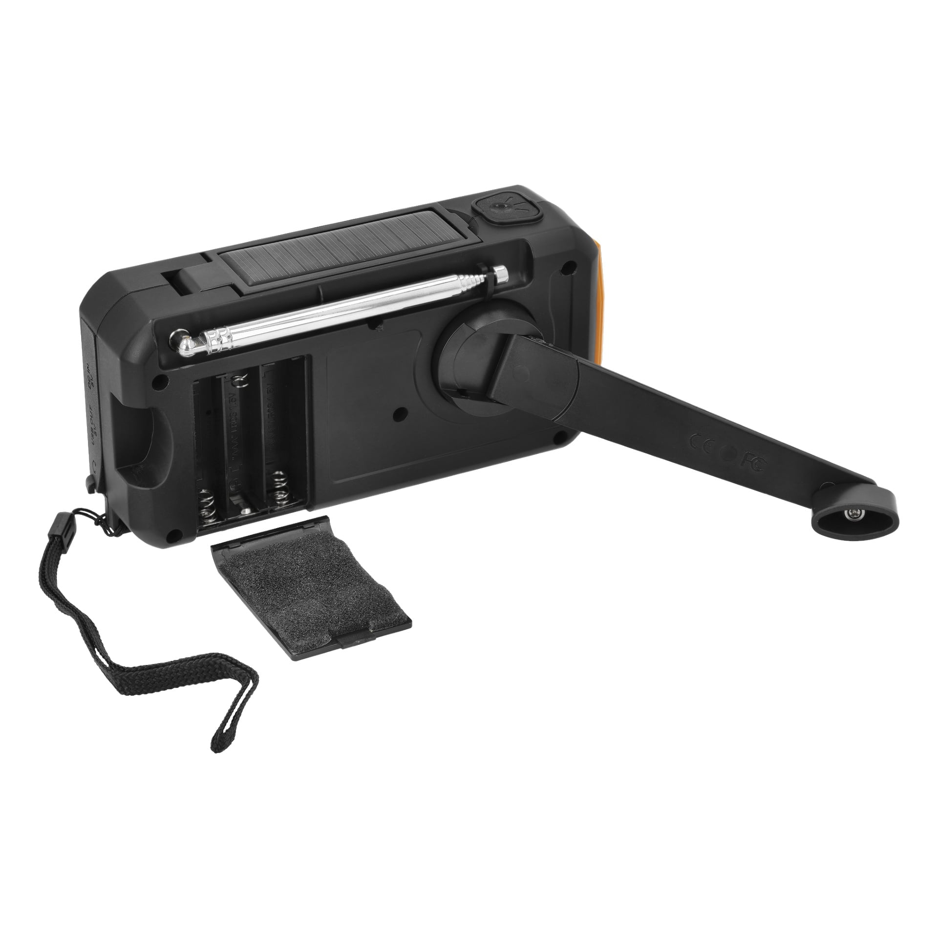 En svart Bright Wind-up radio utrustad med en solcell för FM/DAB, med vevhandtag, ett exponerat batterifack med två tomma platser och locket borttaget, tillsammans med ett handledsrem och en helt utfälld antenn.