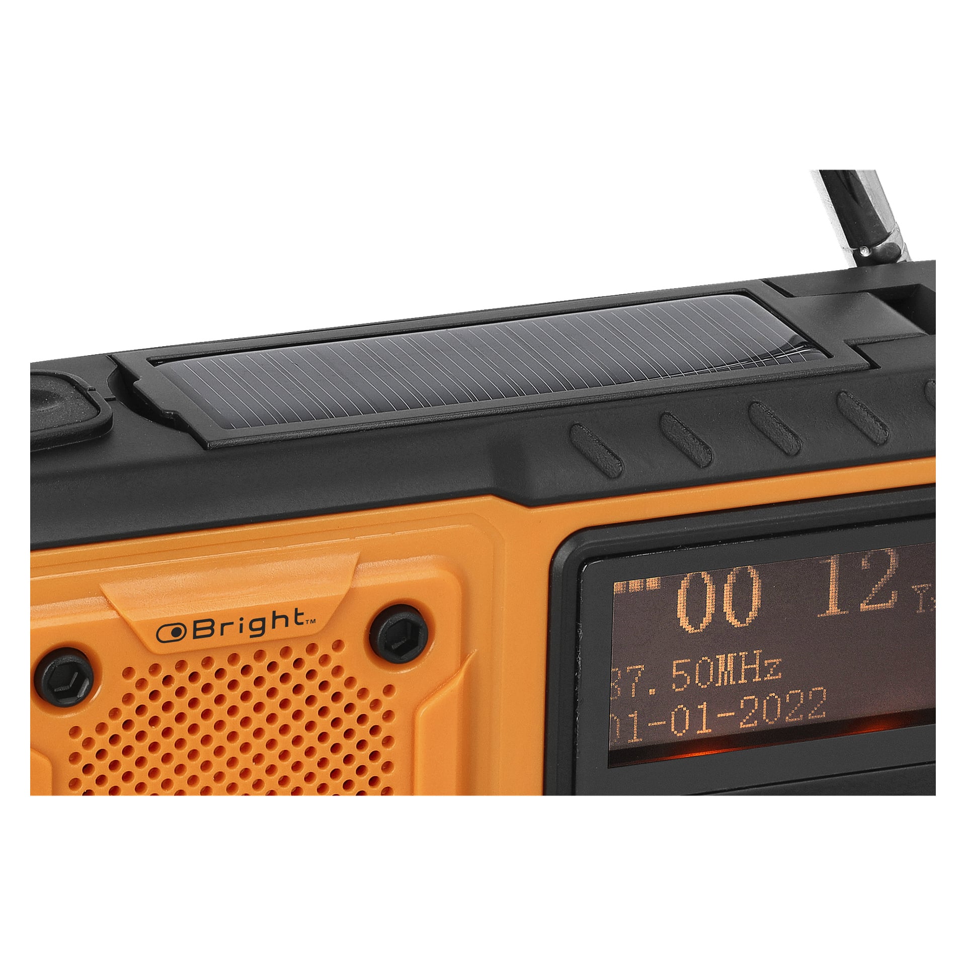Närbild av en orange Bright-uppdragbar radio med solcells-FM/DAB-funktion, som visar en solpanel på toppen, en delvis synlig digital skärm med siffror och Bright-logotypen placerad mellan två framvända skruvar.