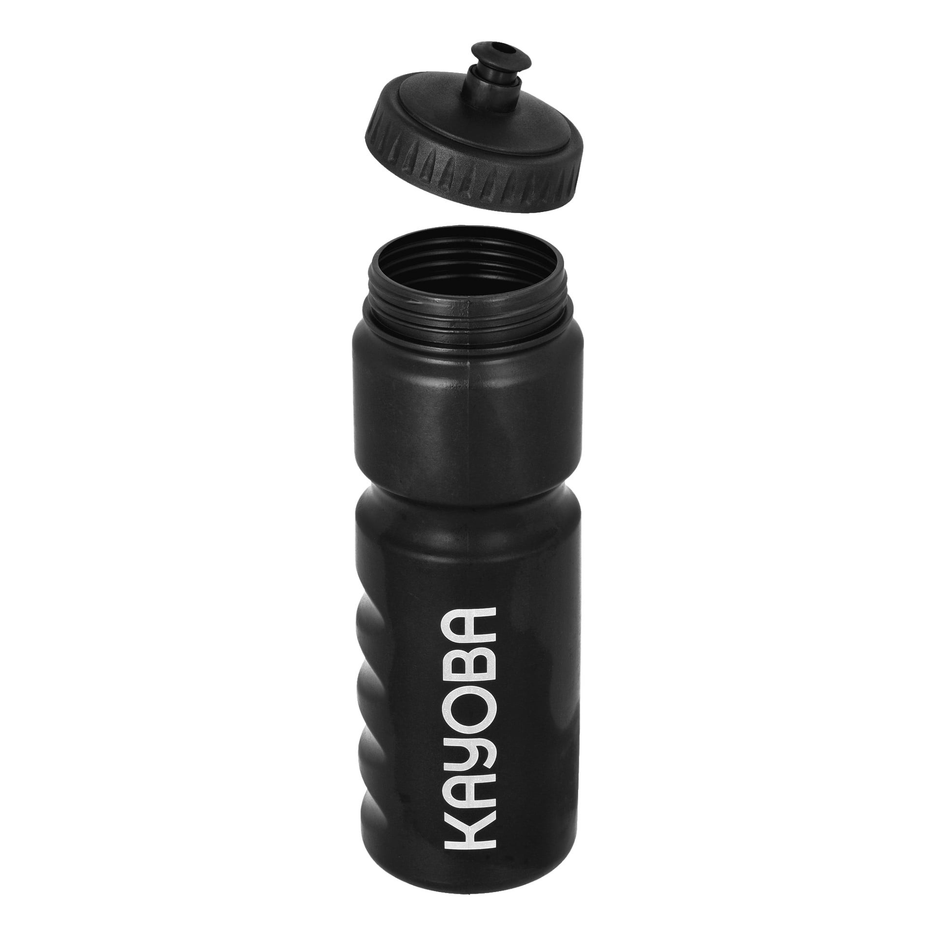 Eine schwarze Kayoba-Wasserflasche aus Plastik mit strukturiertem Griff und einem aufschraubbaren Deckel ist darüber zu sehen. Der Markenname "Kayoba" erscheint vertikal in Weiß auf der Flasche.