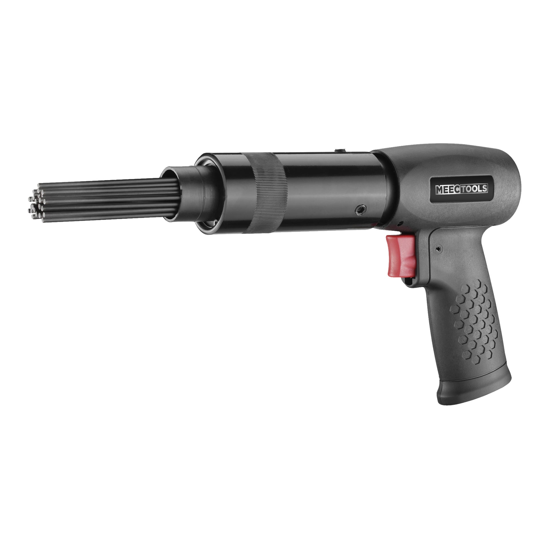 Pneumatyczny skaler/młotek z igłami od Meec Tools, zaprojektowany z czarnym korpusem, czerwonym spustem i wieloma metalowymi prętami z przodu. Na boku widnieje nazwa marki MEEC TOOLS.