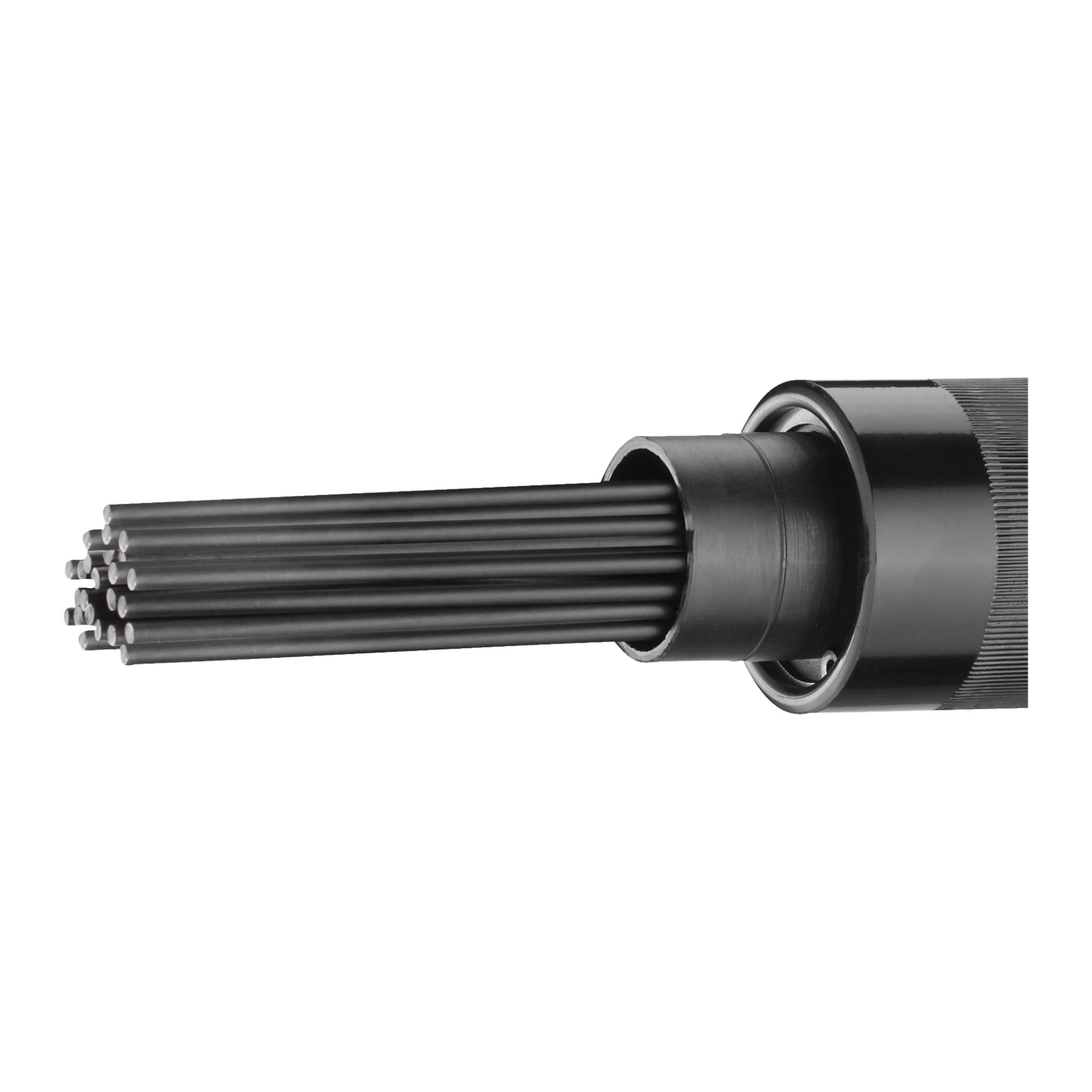 Zbliżenie na pneumatyczny skalator/młot igłowy Meec Tools, pokazujący jego czarne cylindryczne ciało i kilka metalowych igieł wystających z jednego końca, zebranych razem w większej pustej rurce.