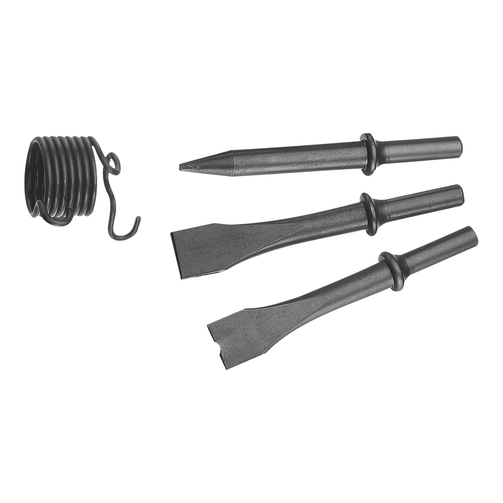Pokazano trzy czarne metalowe uchwyty dłut oraz sprężynę zwiniętą z hakiem, wszystkie wykonane dla Meec Tools Pneumatic Needle Scaler/Hammer. Dłuta mają charakterystyczne końcówki do różnych zastosowań.