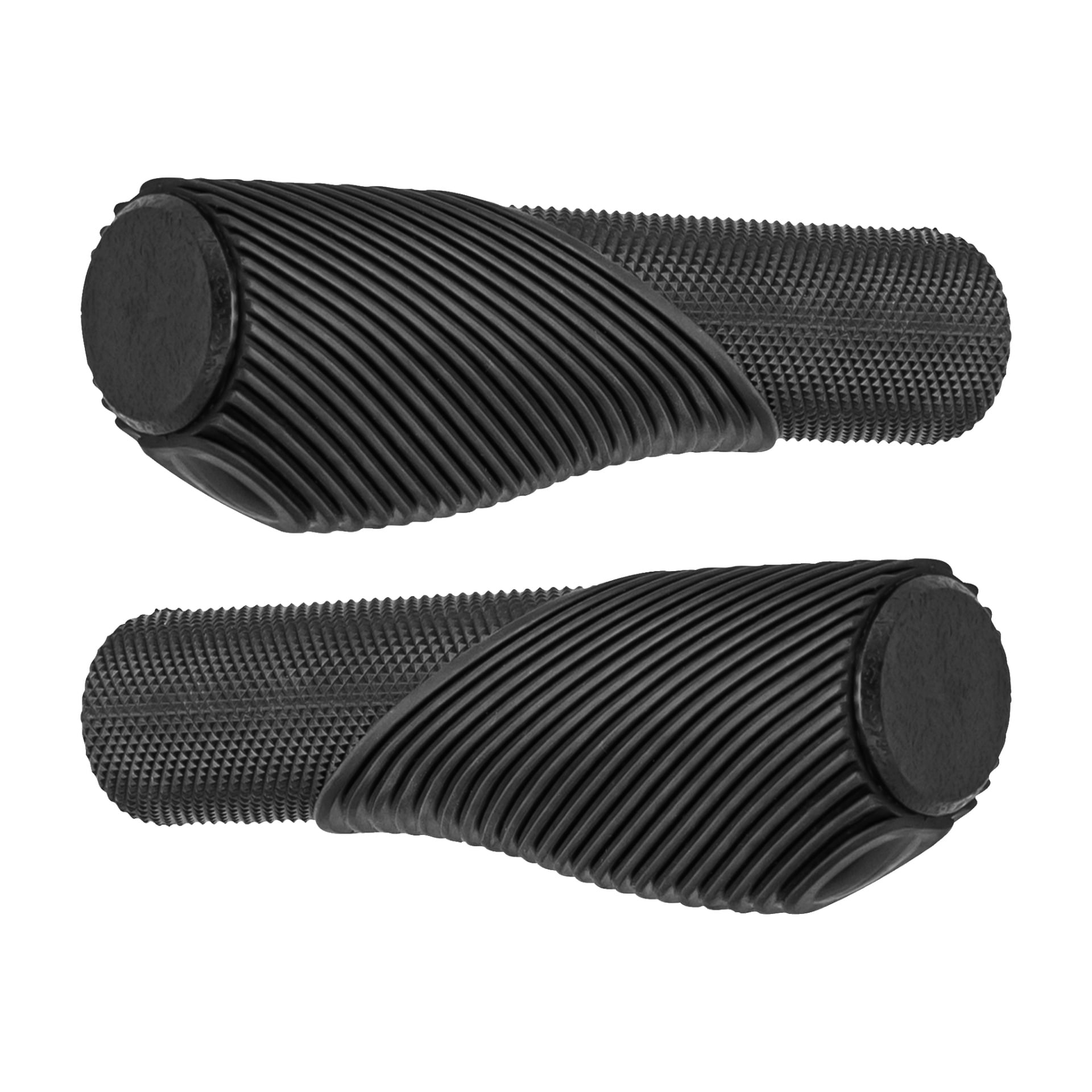 Prezentowane są dwa czarne chwyty Kayoba Handlebar z 2 zestawów, każdy z teksturowaną częścią dla przyczepności oraz żebrowaną dla lepszej przyczepności. Uchwyty leżą równolegle do siebie.