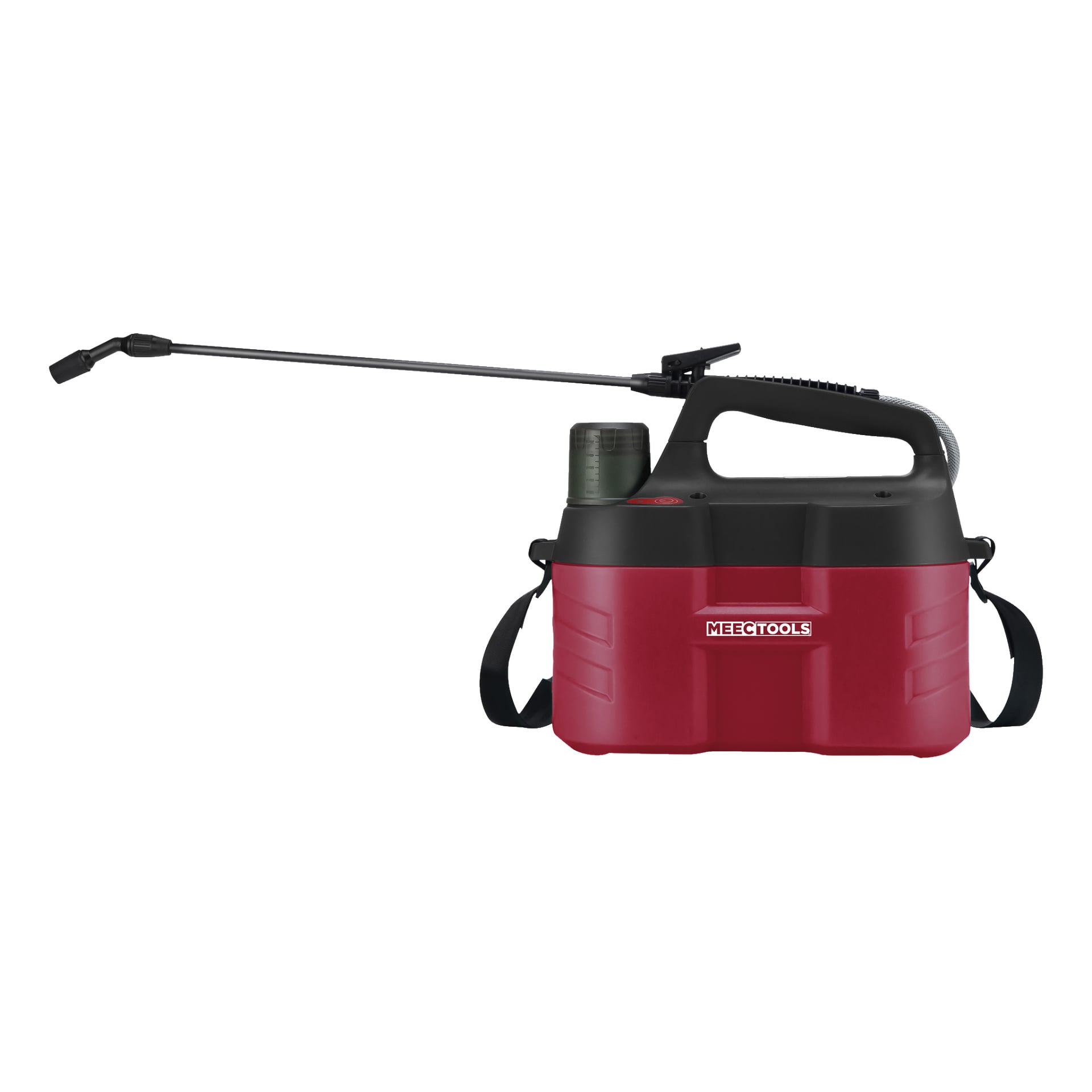Eine batteriebetriebene Spritzpistole von Meec Tools in Rot und Schwarz, komplett mit Griff, Schultergurt, Messbecher und langer Sprühdüse.