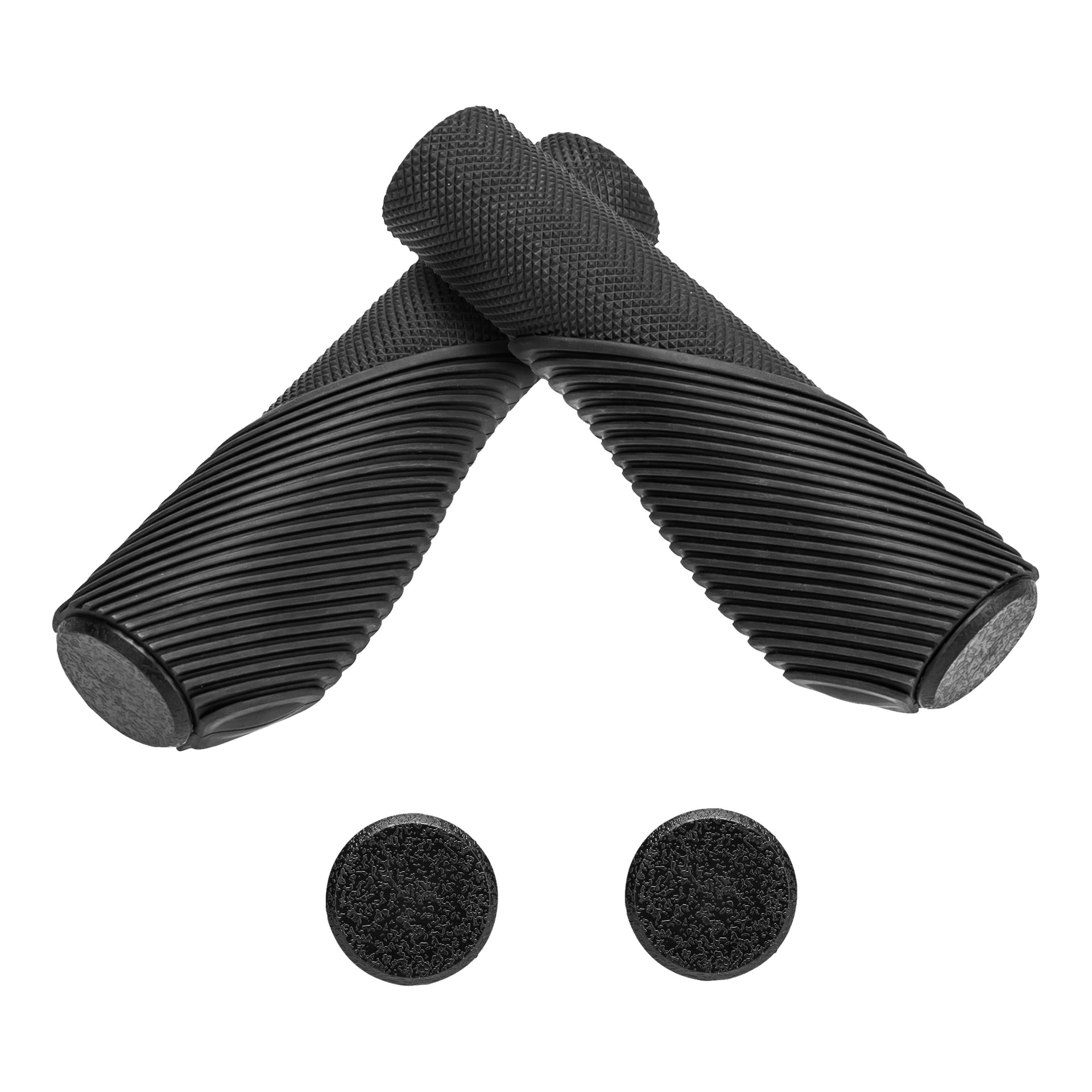 Dwa chwyty Kayoba Handlebar (2 sztuki) z teksturowanymi czarnymi powierzchniami są ułożone w pozycji skrzyżowanej, a pod uchwytami umieszczone są dwie okrągłe czarne końcówki.