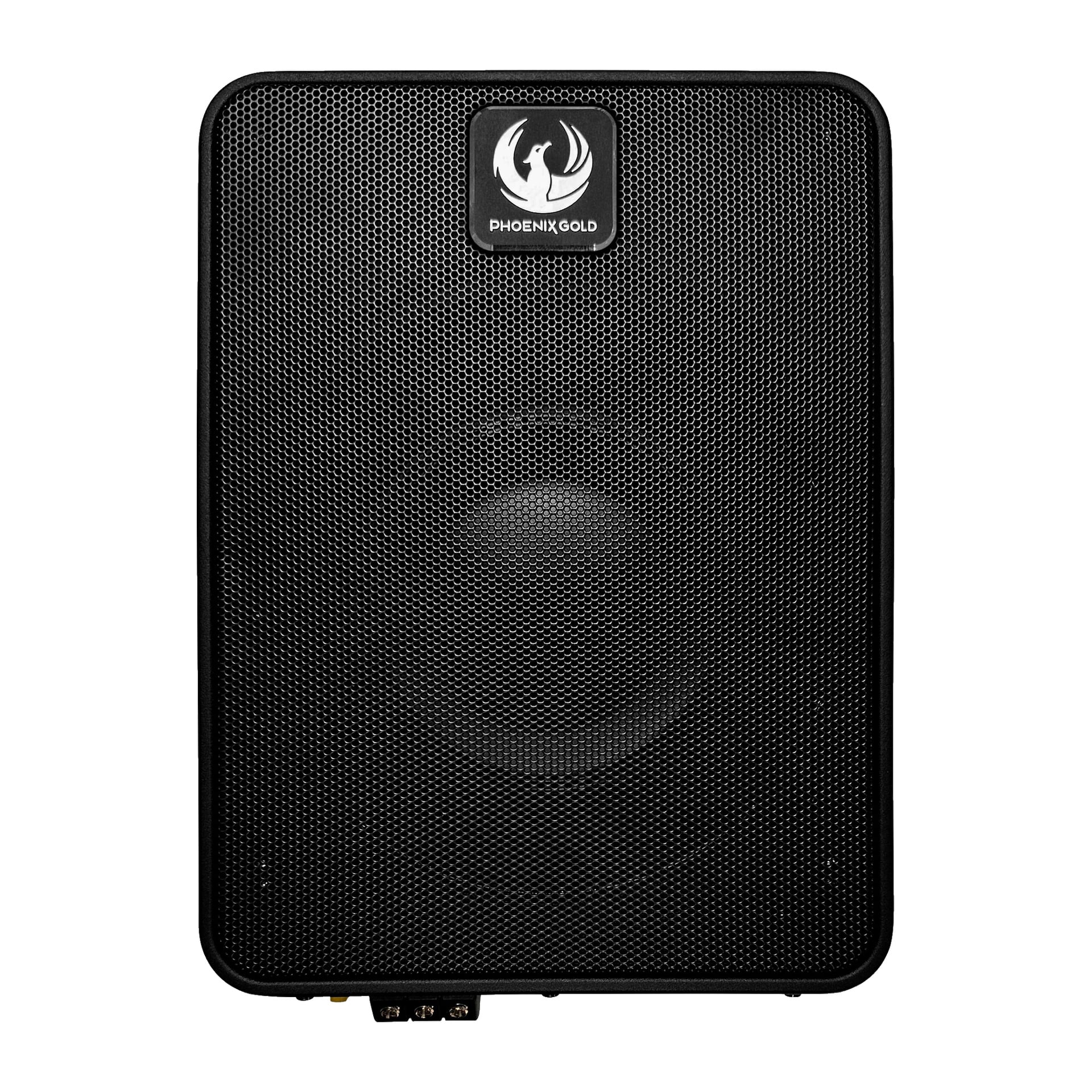 En slank svart Phoenix Gold Ultra kompakt subwoofer ZB8P med mesh-galler och Phoenix Gold-loggan högst upp i mitten, tillsammans med flera kontrollportar eller knappar placerade längs nederkanten.