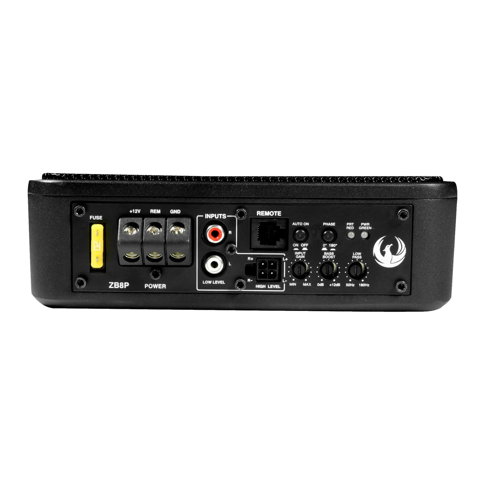 Detaljerad vy av Phoenix Gold Ultra kompakt subwoofer ZB8P:s bakpanel, med synliga strömanslutningar, säkrade anslutningar, ingångar och fjärrportar, kontrollrattar, strömbrytare och indikatorlampor. Flera tydligt markerade anslutningar och justeringsreglage finns där.
