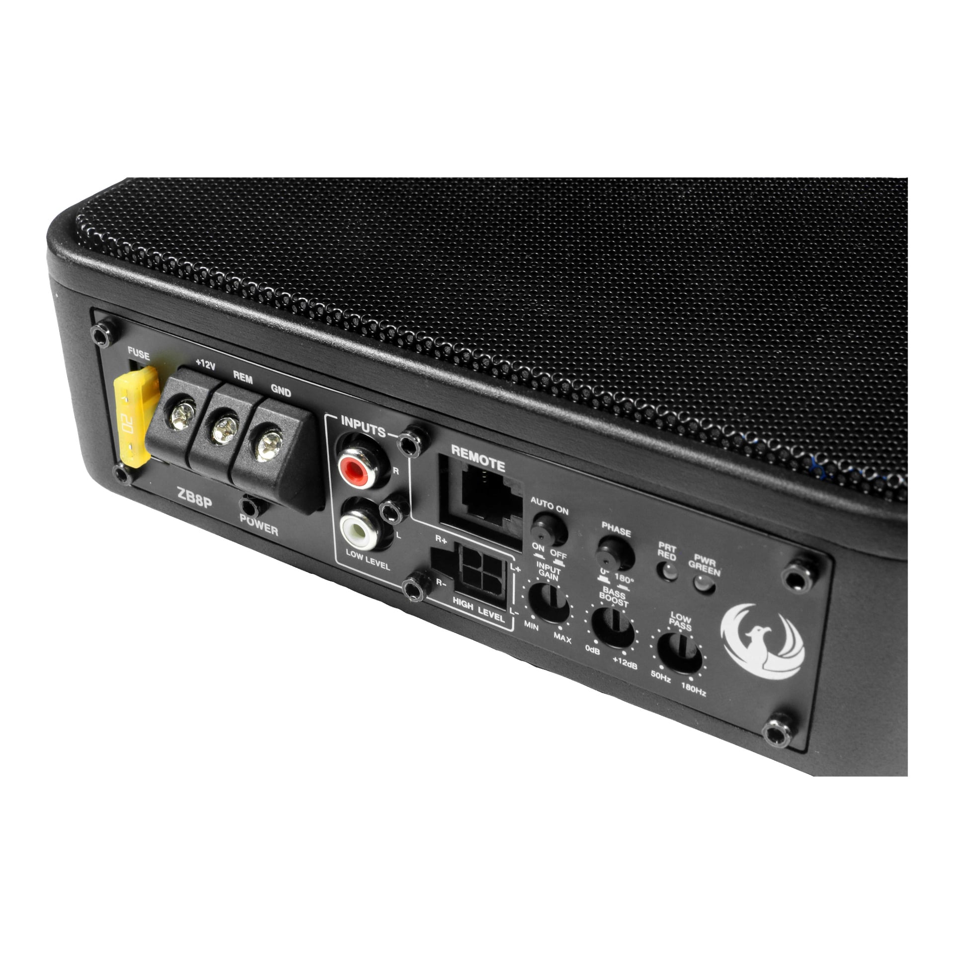 Detaljerad vy av Phoenix Gold Ultra Compact Sub Woofer ZB8P:s bakpanel, med synliga strömkontakter, RCA-ingångar, en fjärrport och flera kontrollrattar för fas-, gain- och delningsfrekvensinställningar. Flera strömbrytare finns och varje brytare är märkt.
