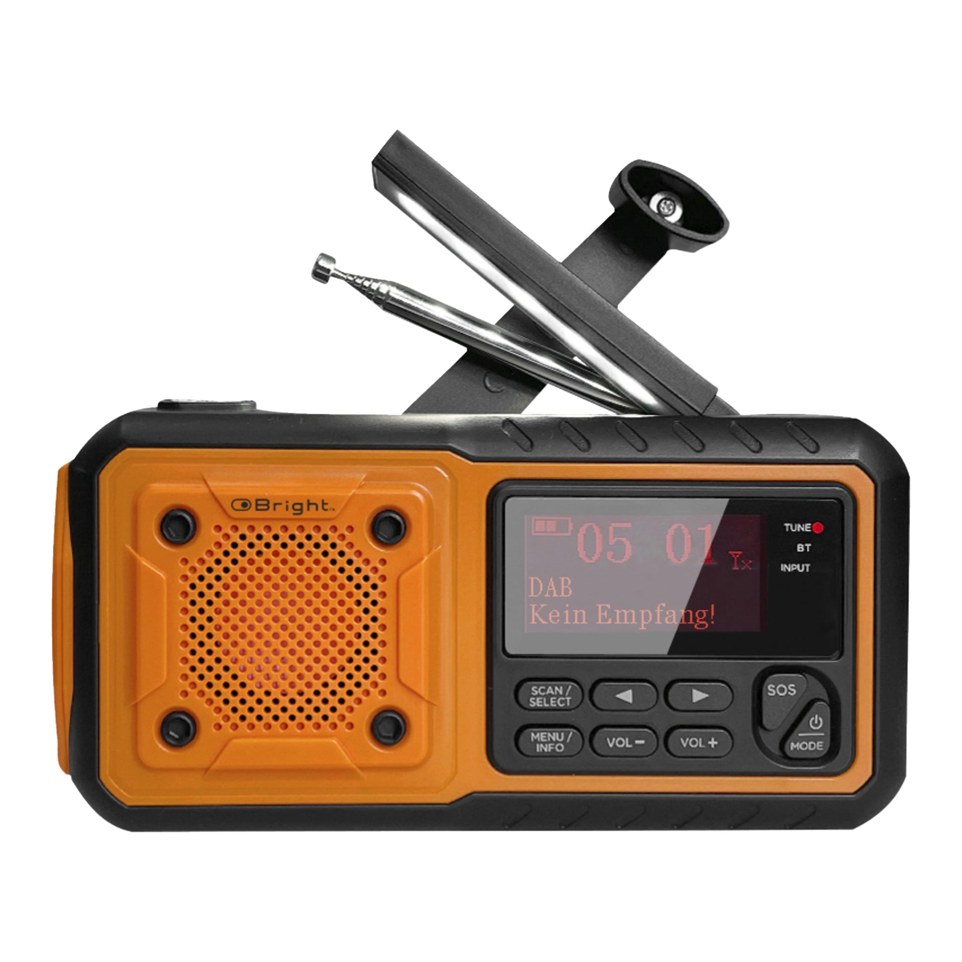 En livfull orange och svart uppdragbar radio med solpanel, FM/DAB-funktioner, en fronthögtalare och en digital skärm som lyder "DAB Kein Empfang!". Designen inkluderar flera knappar, en förlängd antenn, ett framträdande upphöjt vevhandtag på sidan och en SOS-knapp placerad i nedre högra hörnet.