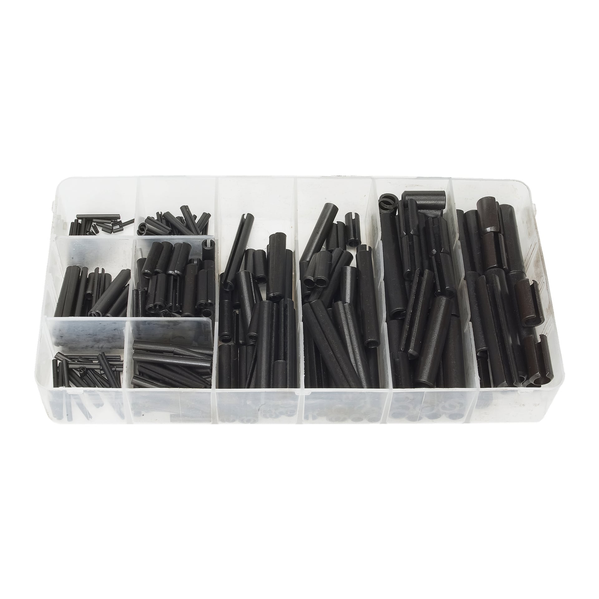 Hamron Spring Pin Set innehåller 315 svarta cylindriska metallfjäderstift organiserade efter storlek i individuella fack i en genomskinlig plastlåda.