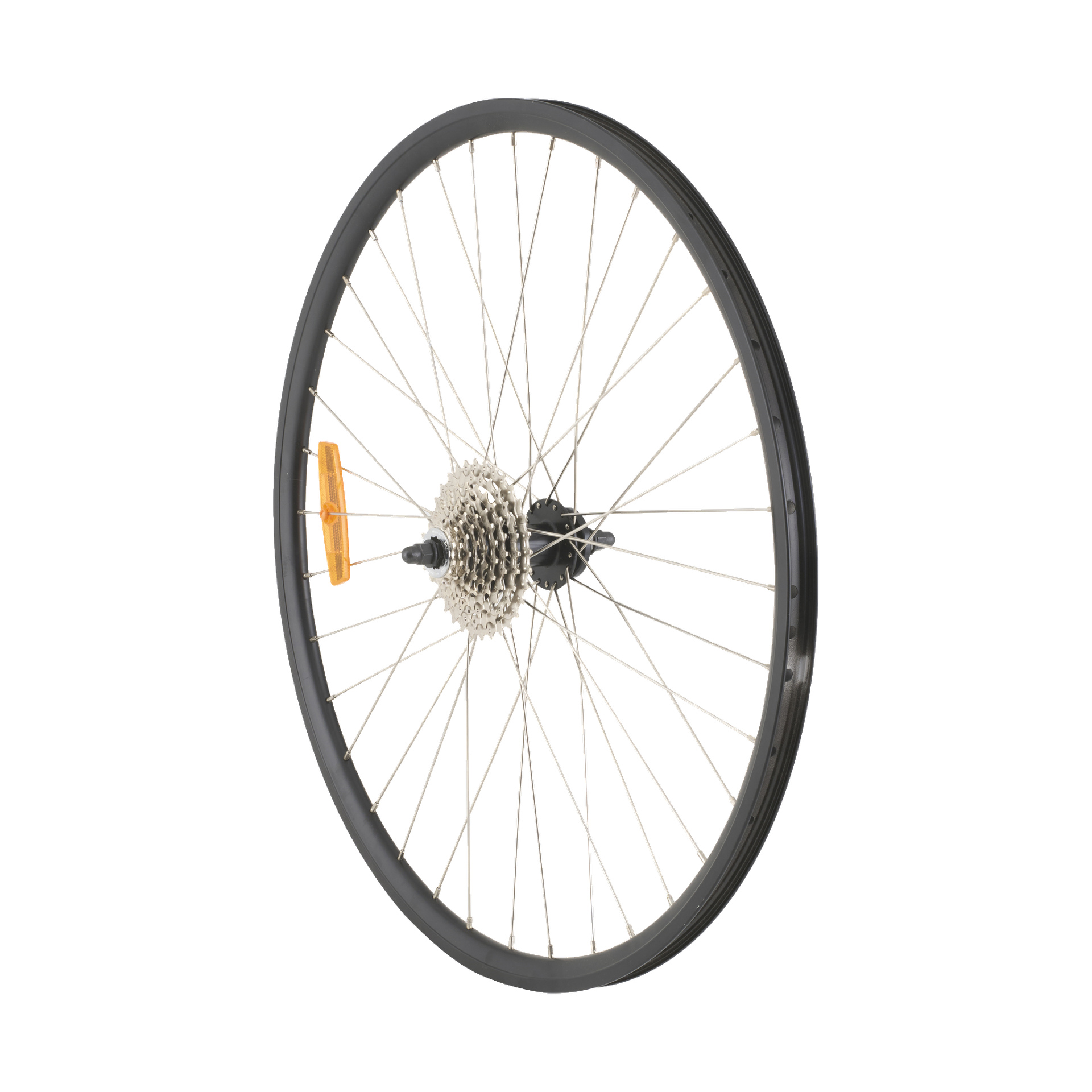 Back Wheel Wind/Mind 005023/26 har metallfelg, sølvfargede eiker, girkasse, hurtigutløsende aksel og en oransje reflektor.