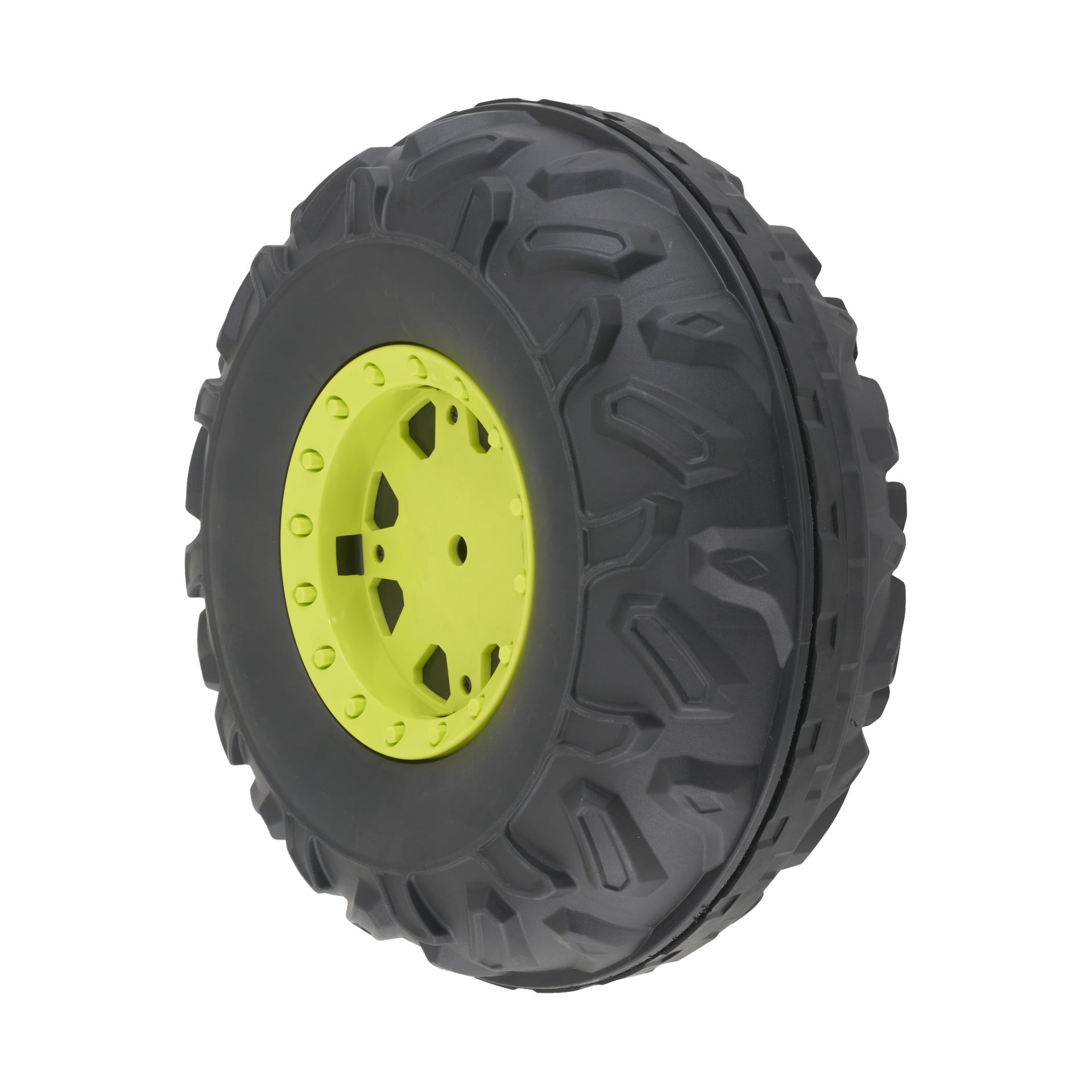 Närbild på Plastic Wheel F. 023483, som visar ett tjockt svart däck med mönster och en starkt gul plastnavkapsel, lämpad för leksaker eller terrängbruk.
