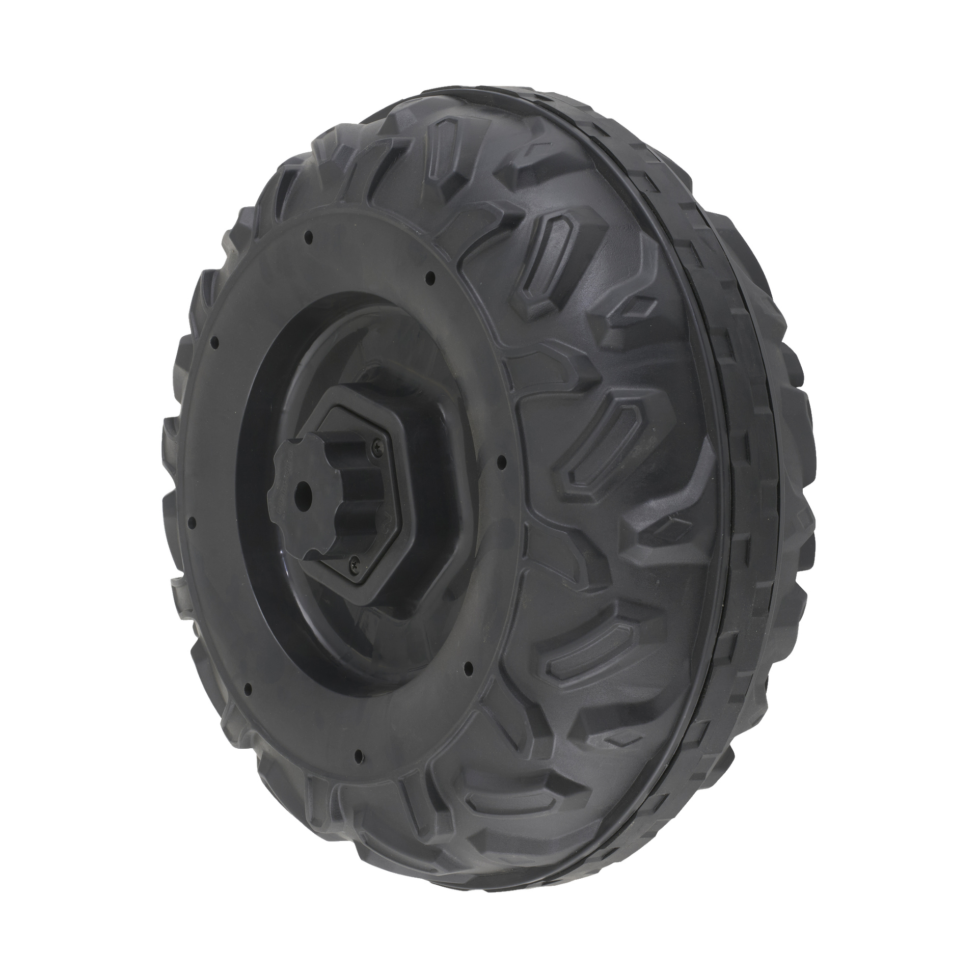 Plastic Wheel Driving 023483 är ett svart däck med robusta mönster och ett sexkantat nav.