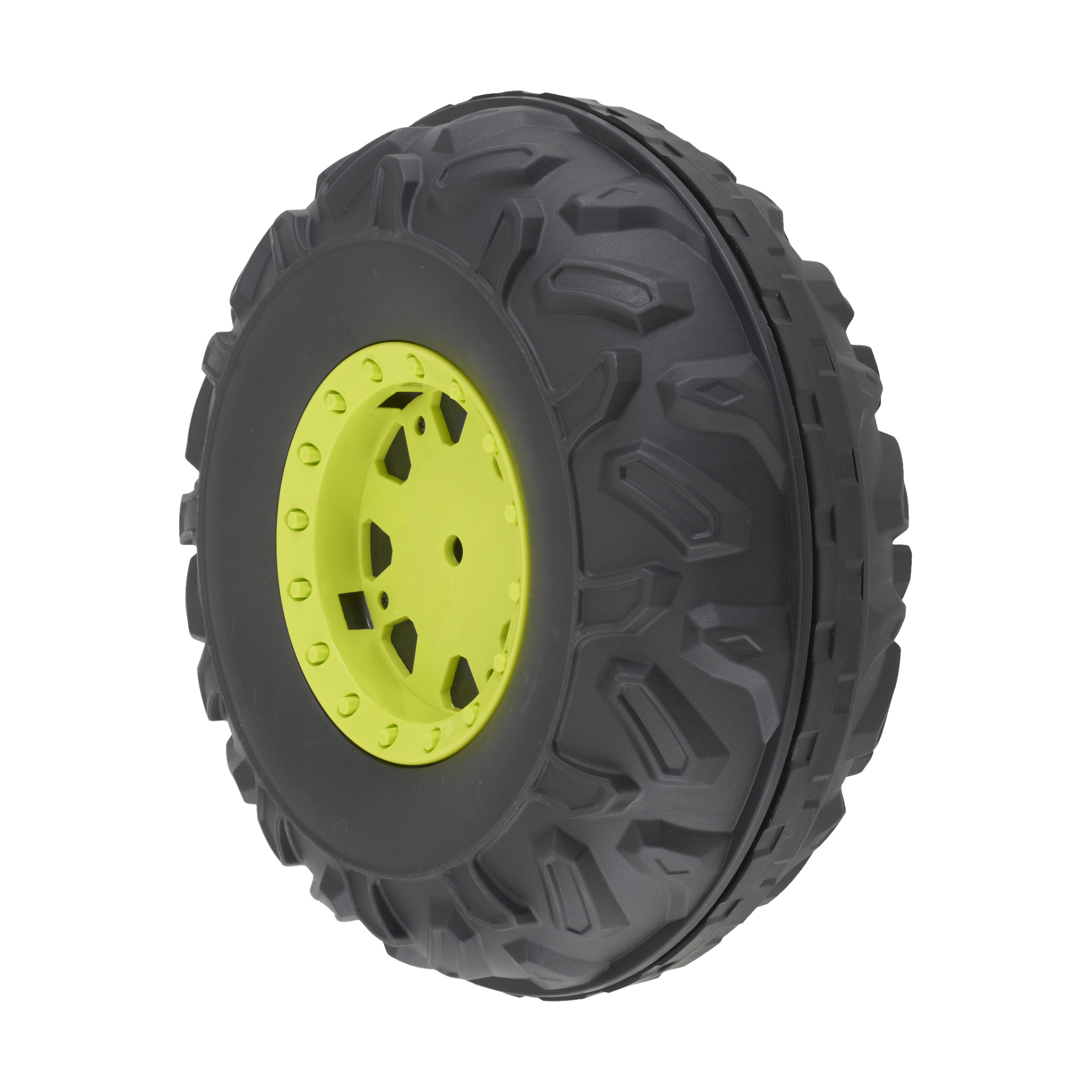 Närbild på Plastic Wheel Driving 023483, med ett svart terrängdäck med en klargul fälg och djup, robust mönster.