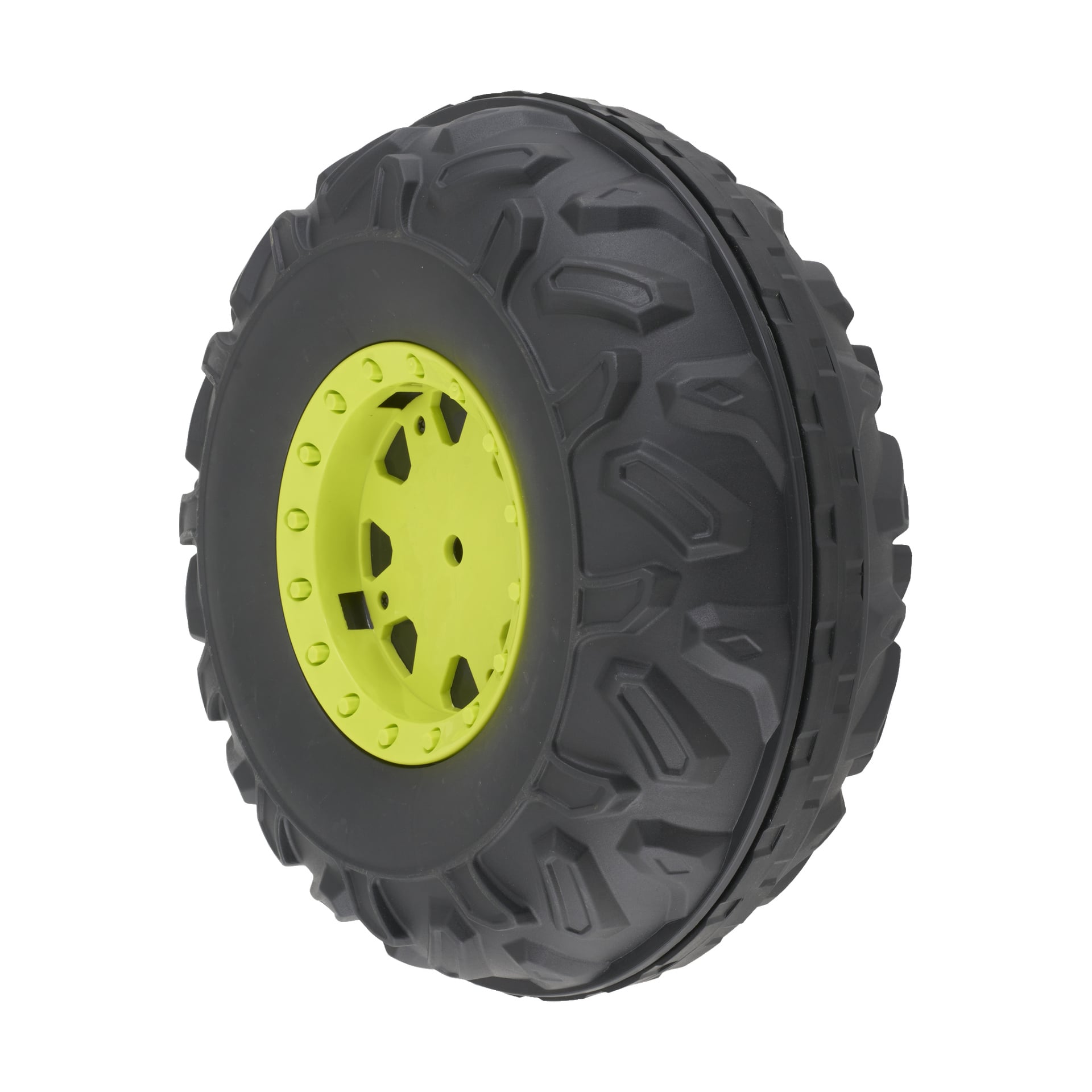 Zbliżenie na Plastic Wheel Driving 023483, z czarną oponą terenową z jaskrawo żółtą felgą i głębokim, wytrzymałym bieżnikiem.