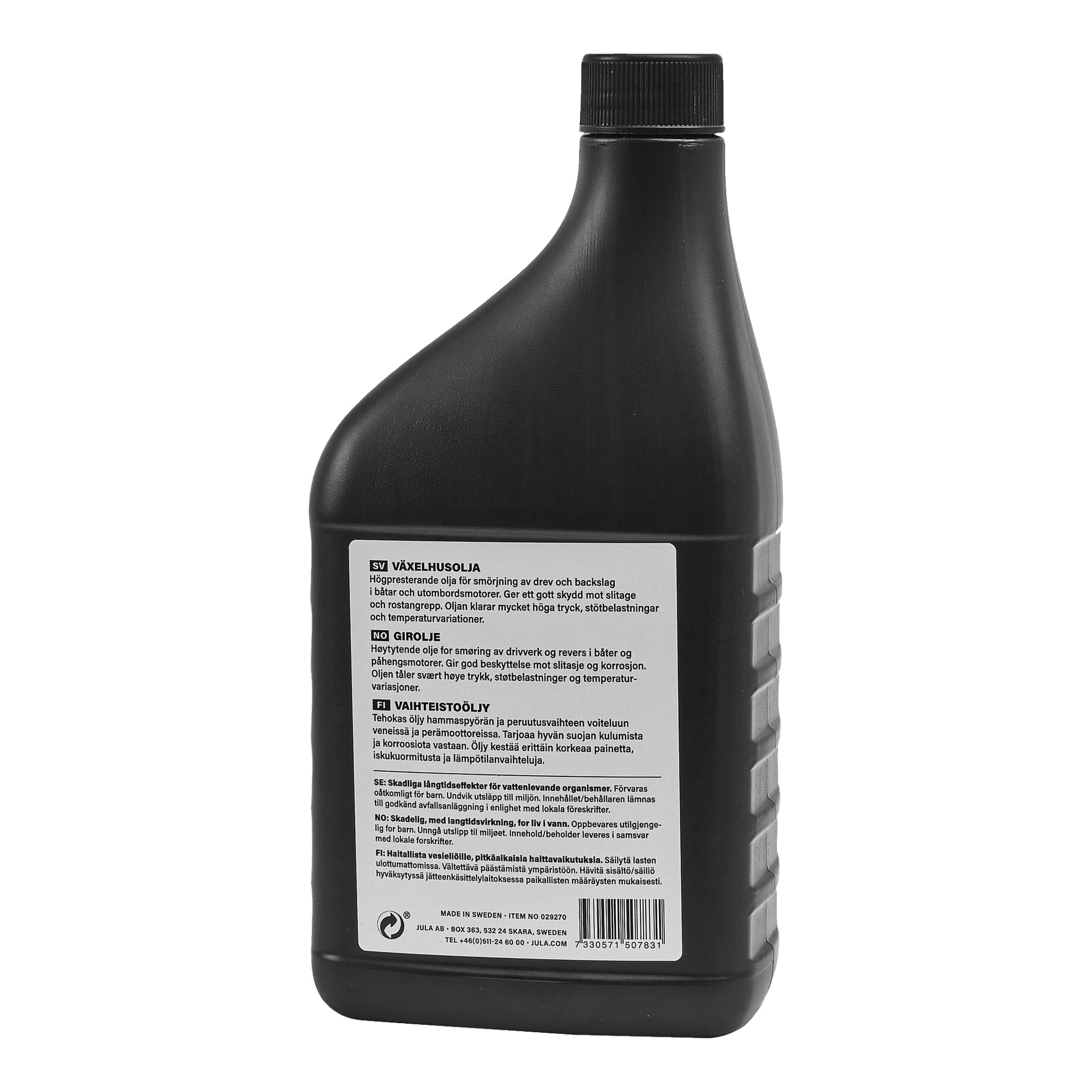 En svart plastflaska med skruvkork och en etikett som delar detaljer och instruktioner för Hamron Gear Housing Oil, designad för fordon. Den nedre delen av etiketten visar produktens streckkod och tillverkarens information.
