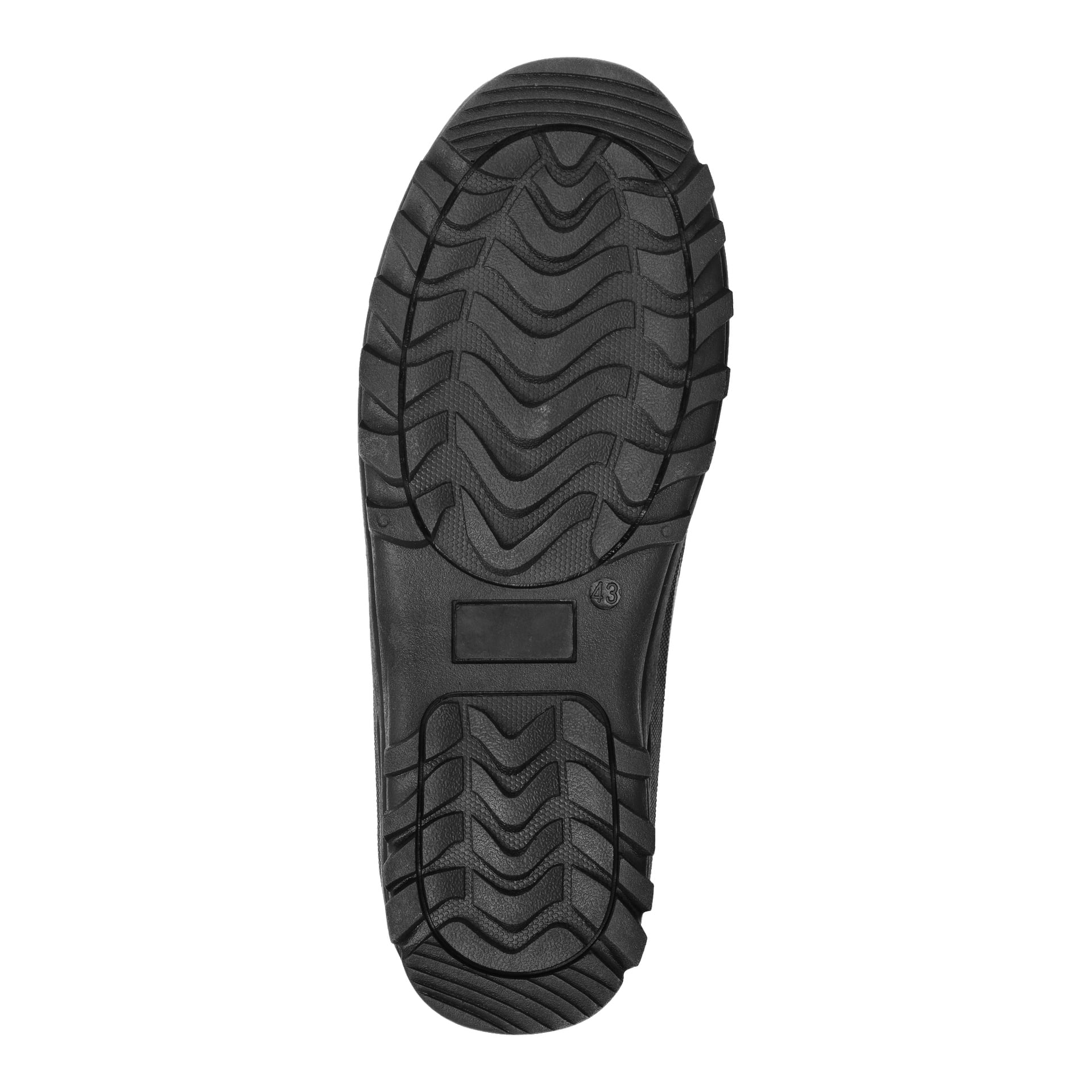 Kayoba Outdoor Winter-stövlar har en svart gummisula med både vågiga och raka mönster för grepp. Det finns ett rektangulärt område för en etikett och sulan visar "43" för att ange storlek.