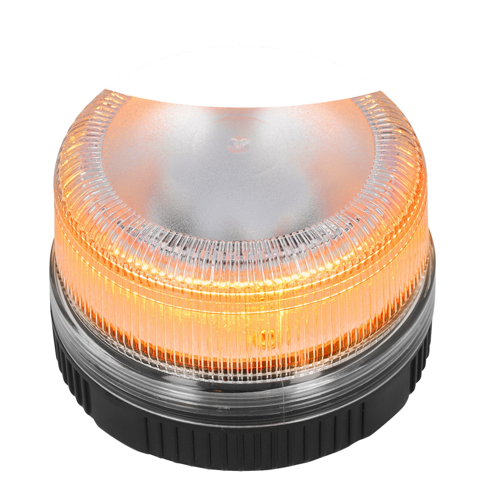 Ein Hamron SOS/Arbeitslicht mit einem magnetischen LED-Aufsatz wird angezeigt. Das Gerät ist rund und orange, mit einer gerippten, transparenten Abdeckung und schwarzem Sockel, und die Warnleuchte scheint zu leuchten.