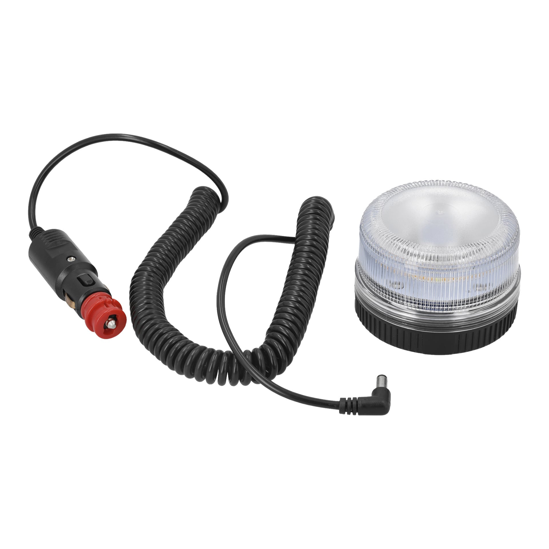 Ein Hamron-rundes, transparentes SOS/Arbeits-Signal mit magnetischem LED-Aufsatz und schwarzer Basis ist neben einem aufgewickelten Stromkabel mit L-förmigem Stecker und einem 12V-Autoadapter zu sehen, was die Eignung für Fahrzeuge anzeigt.