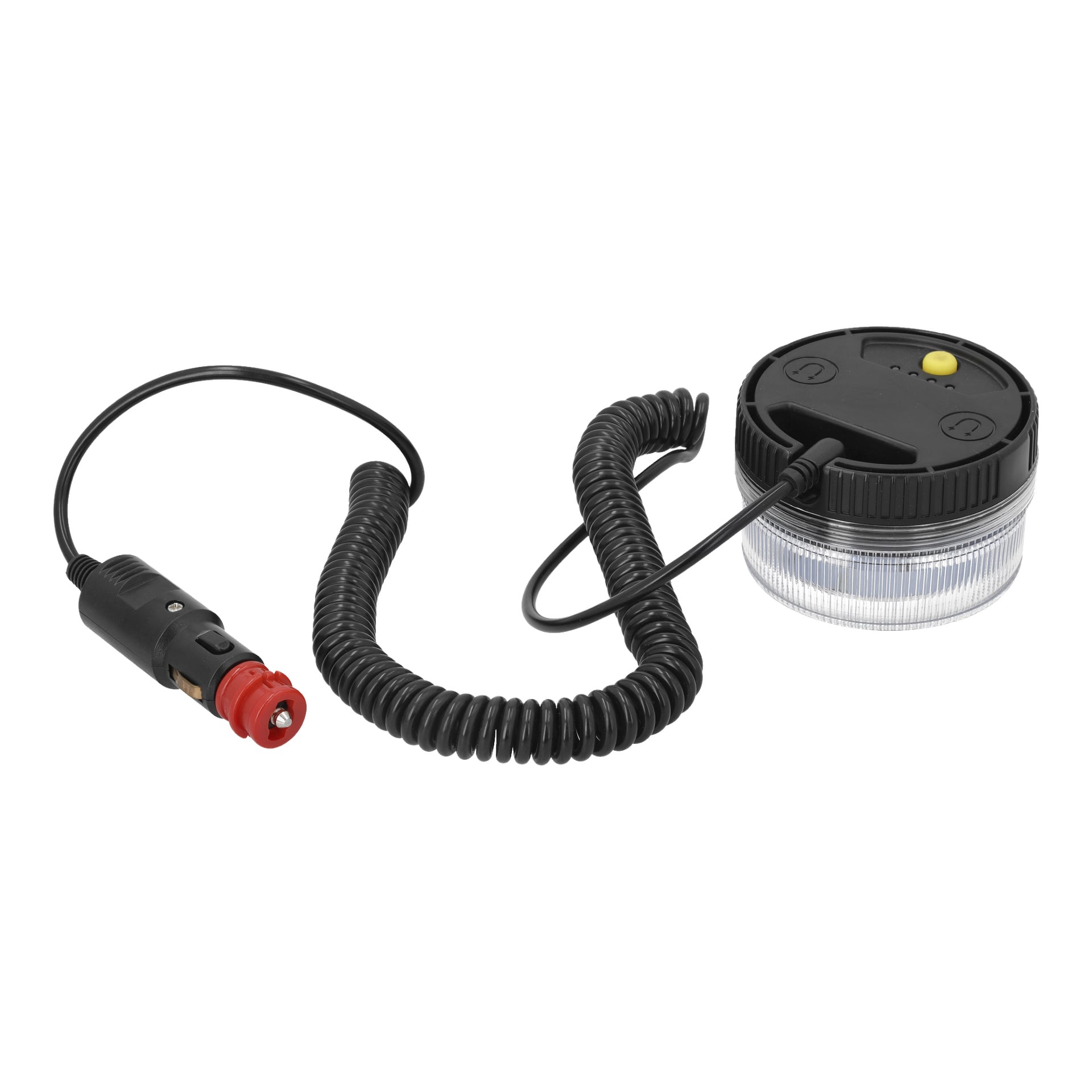 Eine runde Hamron SOS/Arbeitslampe mit schwarzem und klarem Gehäuse, magnetischer LED-Halterung, gewickeltem Stromkabel an einen 12V-Zigarettenanzünderstecker und drei Knöpfen – einen gelben und zwei schwarzen – oben drauf.