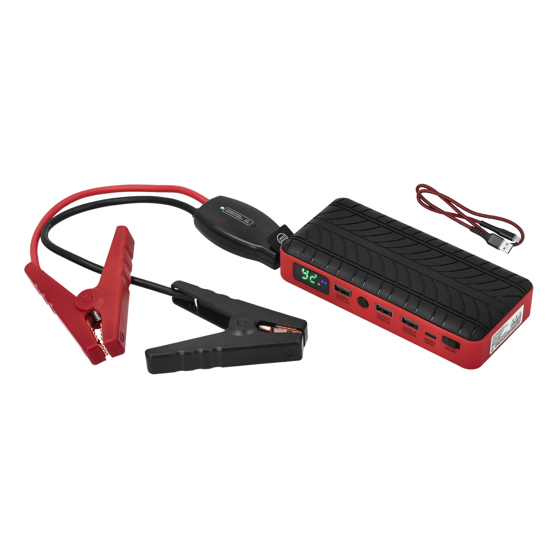 Hamron Jump Starter z powerbankiem jest kompaktowy i przenośny, wyposażony w cyfrowy wyświetlacz, dołączone czarne i czerwone kable zmarów, wiele portów USB oraz powierzchnię w kształcie bieżnika opon. Dołączony jest dodatkowy kabel USB.
