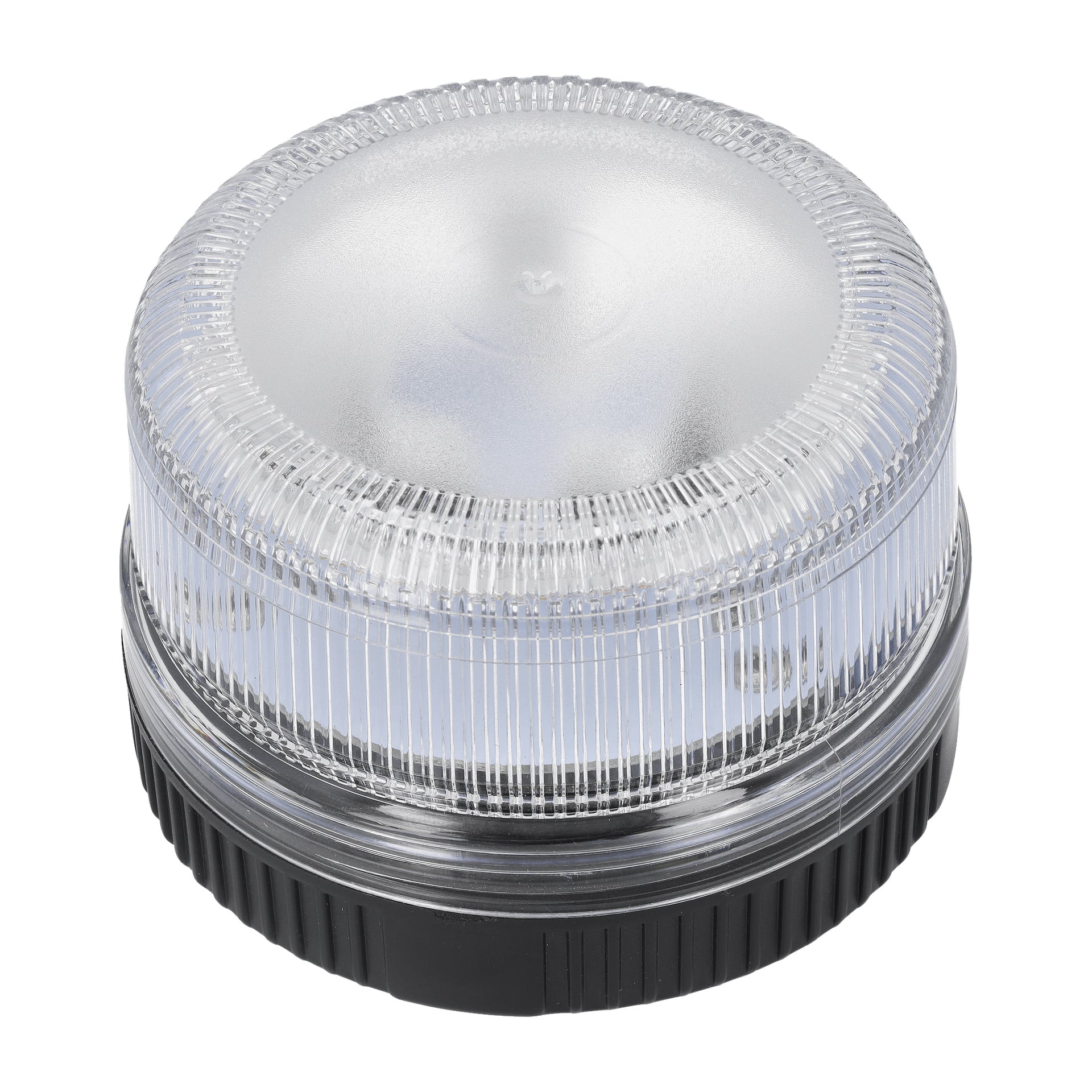 Die Hamron SOS/Arbeitsleuchte besitzt einen runden, transparenten LED-Leuchtfeuer mit einer gerippten Kunststoffabdeckung, der auf einem schwarzen Sockel mit magnetischem Aufsatz montiert ist.