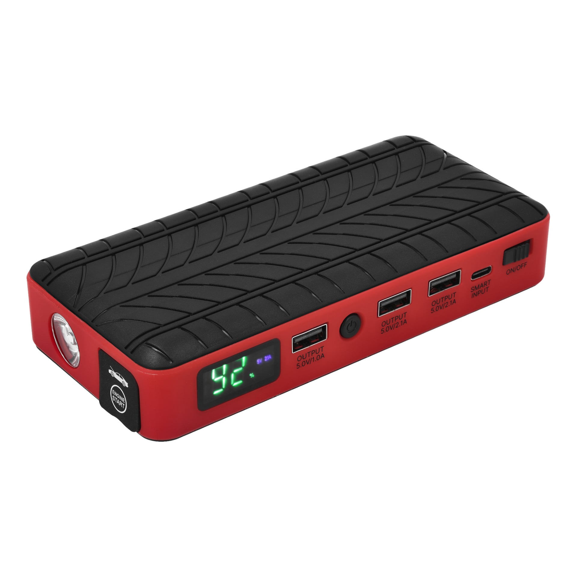 Czerwono-rozrusznik Hamron z powerbankiem pokazuje bieżnik opon, ekran pokazujący 96%, wbudowaną latarkę, trzy porty USB, inteligentny port wejściowy oraz przycisk zasilania.