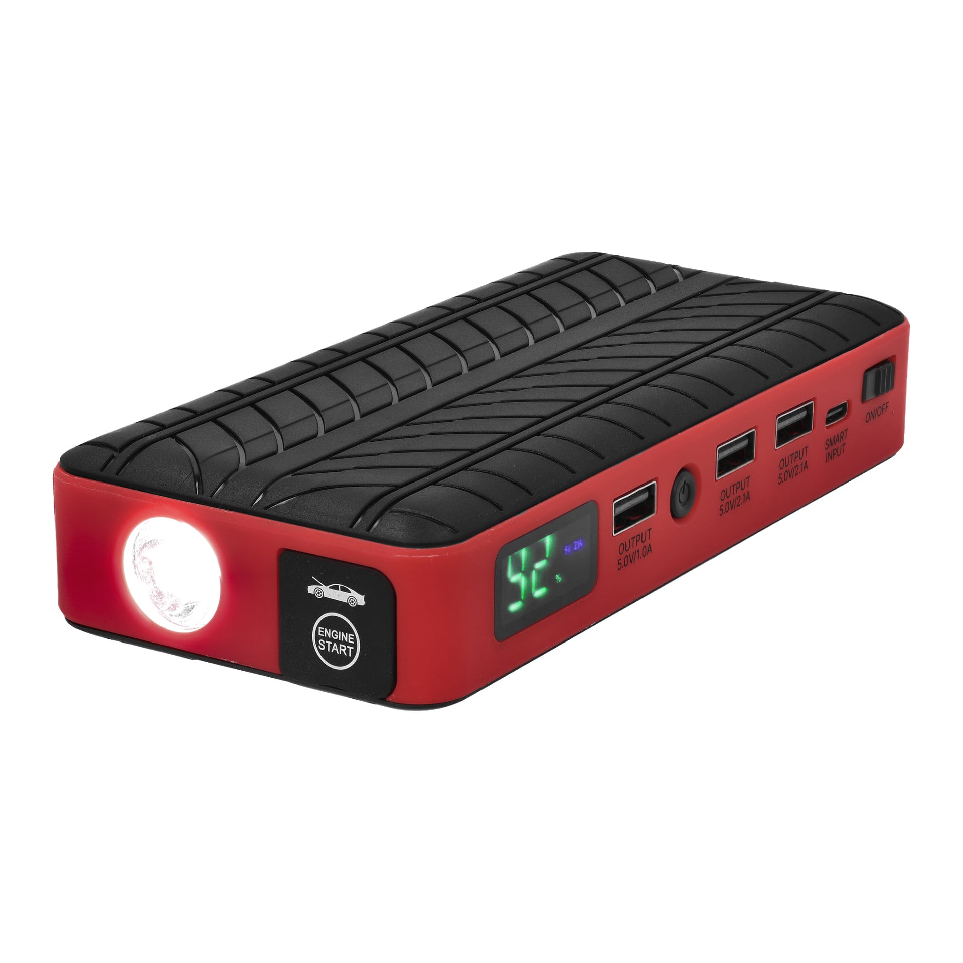 Hamron Jump Starter z powerbankiem to kompaktowe urządzenie czerwono-czarne, wyposażone w wbudowaną latarkę, cyfrowy ekran, przycisk zasilania, kilka portów USB, teksturę bieżnika opony na górnej powierzchni oraz przycisk uruchamiania silnika umieszczony po bokach.