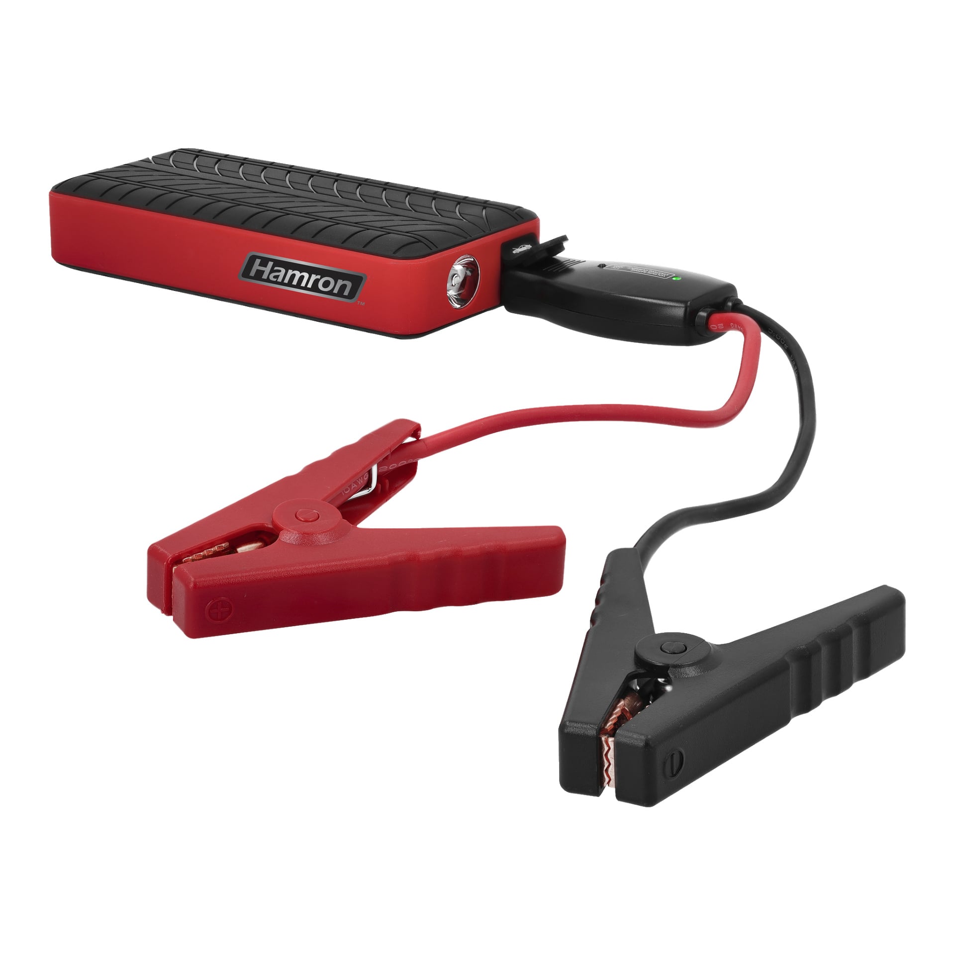 Hamron Jump Starter z powerbankiem, pokazany z dołączonymi czerwono-czarnymi zaciskami kabla zruchowego, przyciskiem zasilania umieszczonym blisko portu połączeniowego i wyświetlającym logo Hamron.