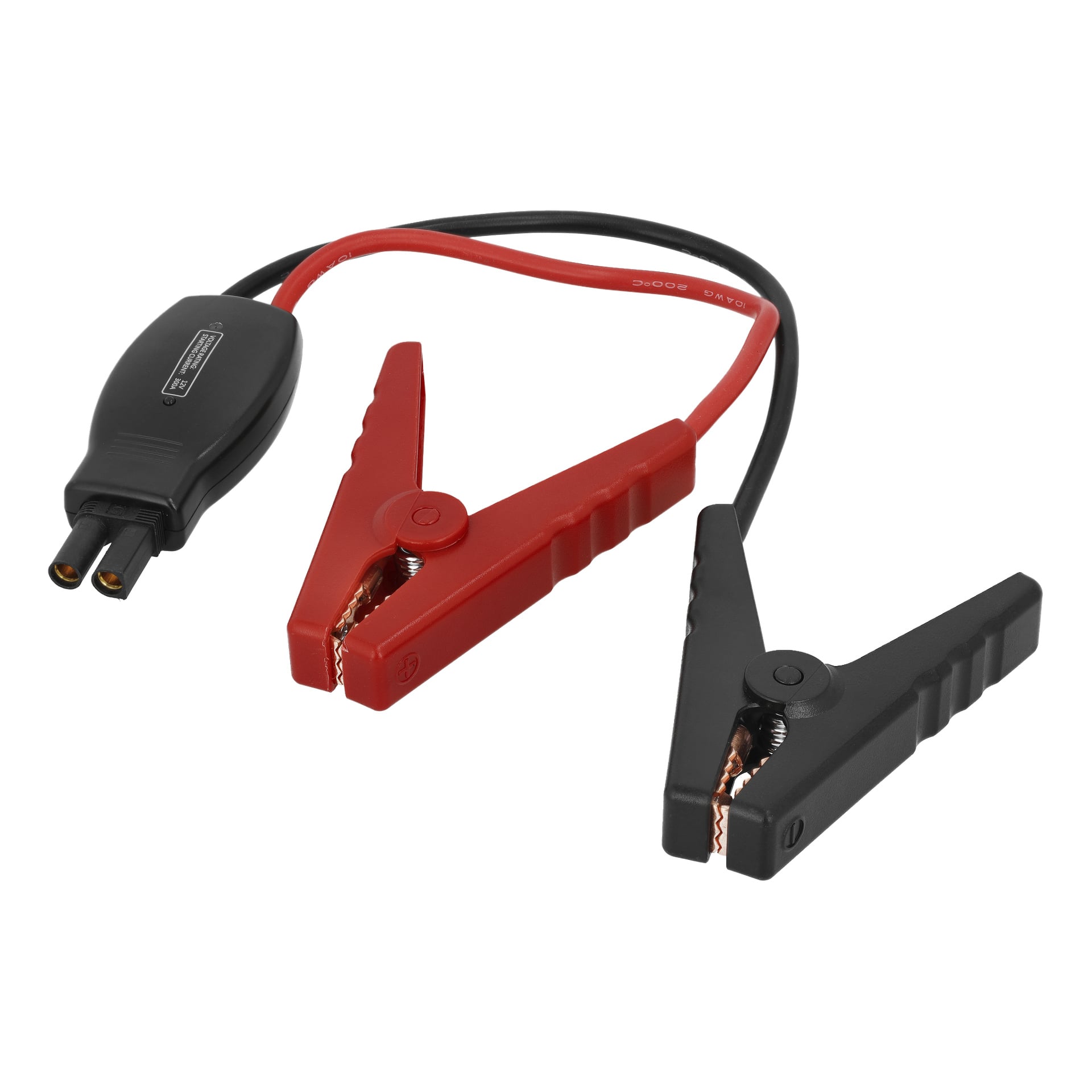 Rozrusznik Hamron z wbudowanym powerbankiem zawiera czerwono-kabel, plastikowe złącze na jednym końcu oraz dwa zaciski aligatorowe — jeden czerwony, jeden — na drugim końcu do mocowania do akumulatorów samochodowych.