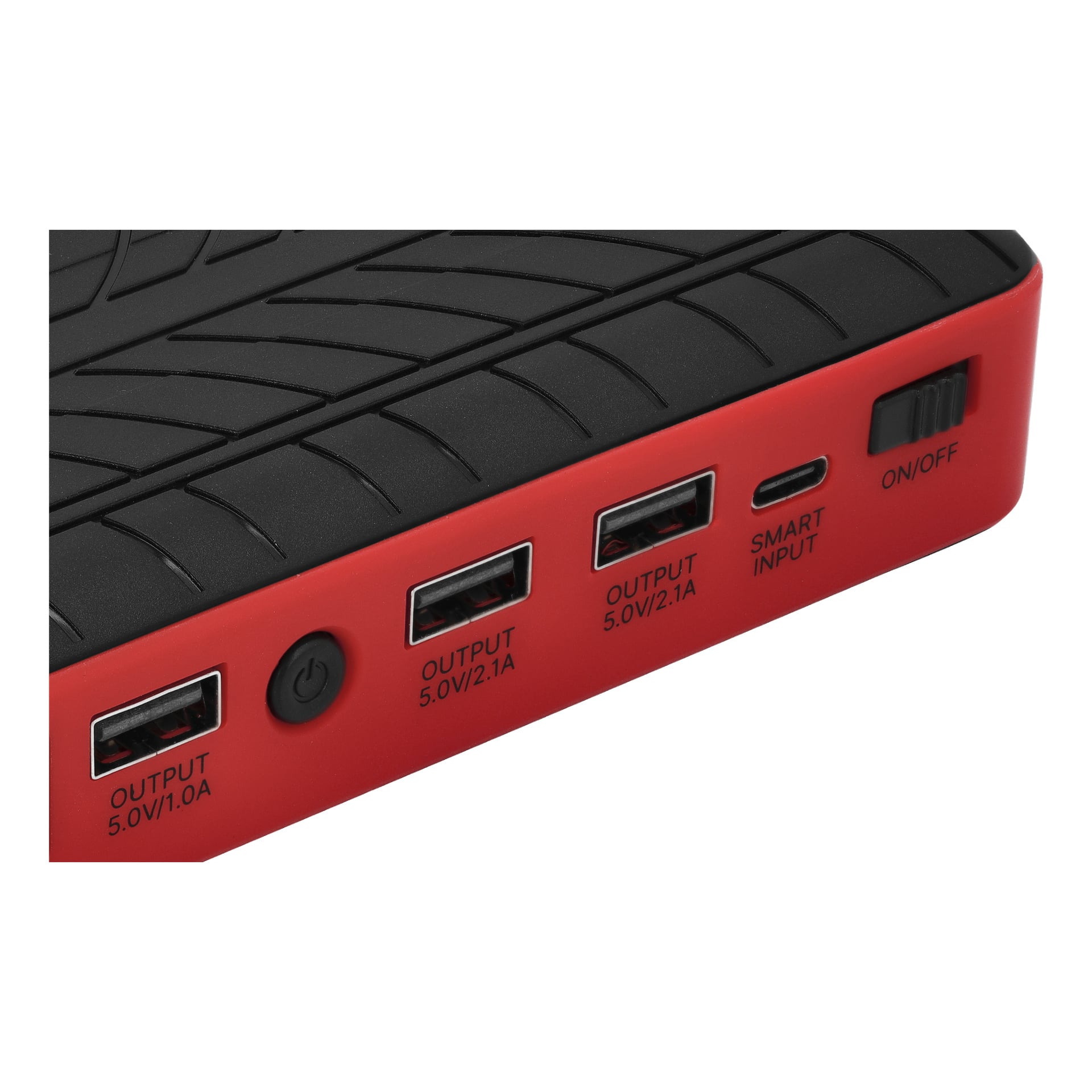 Zbliżenie Hamron Jump Starter z powerbankiem pokazuje jego panel boczny, wyposażony w trzy porty wyjściowe USB, okrągły przycisk, wejście micro USB oznaczone jako SMART INPUT oraz przełącznik ON/OFF. Produkt ma czerwono-czarną kolorystykę.