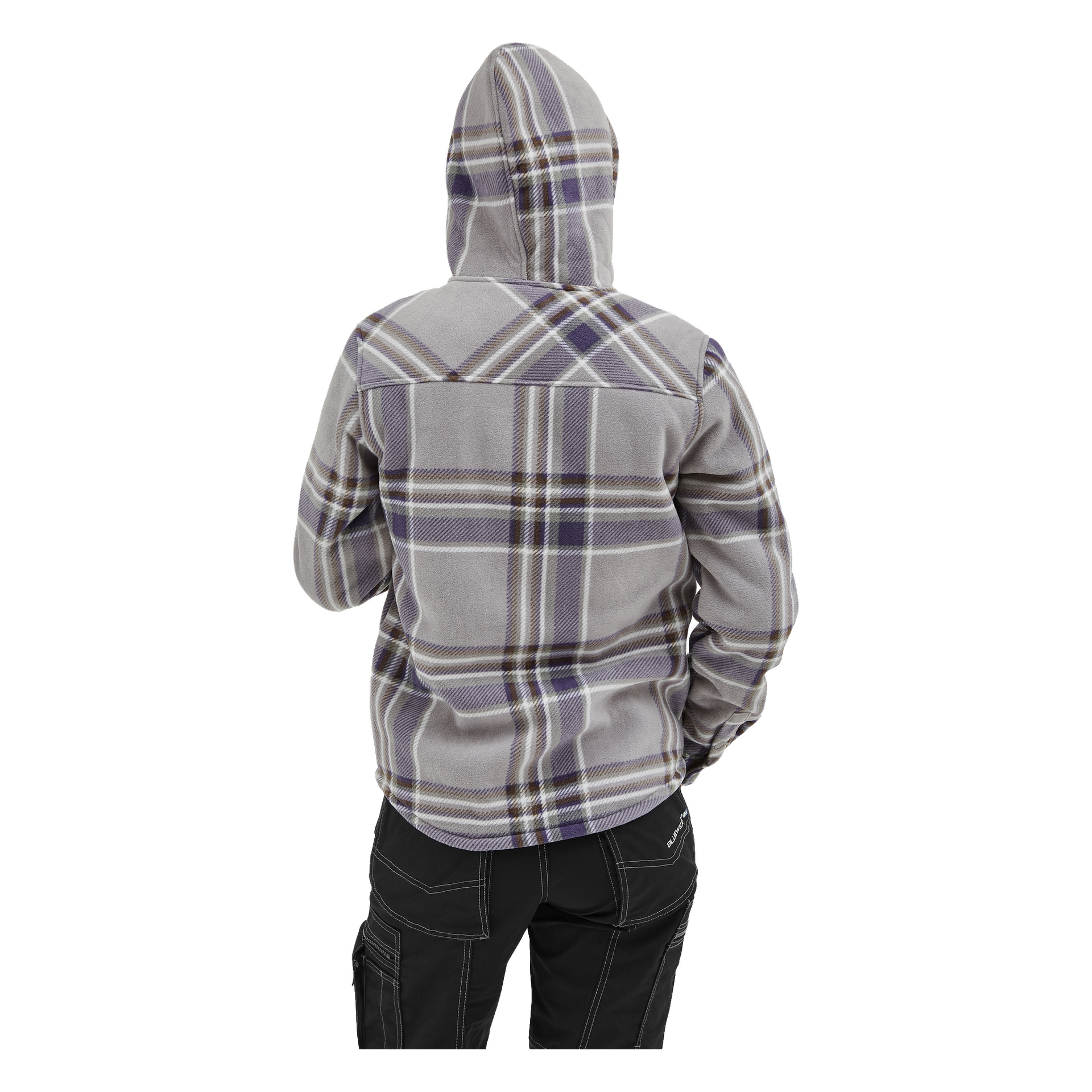 Eine Person steht mit dem Rücken zur Kamera, gekleidet in die Bluewear Women's Milly Fleecejacke, die eine Kapuze und lange Ärmel in einem karierten Muster in grauen und violetten Tönen zeigt. Sie tragen außerdem schwarze Hosen mit auffälligen Nähten.