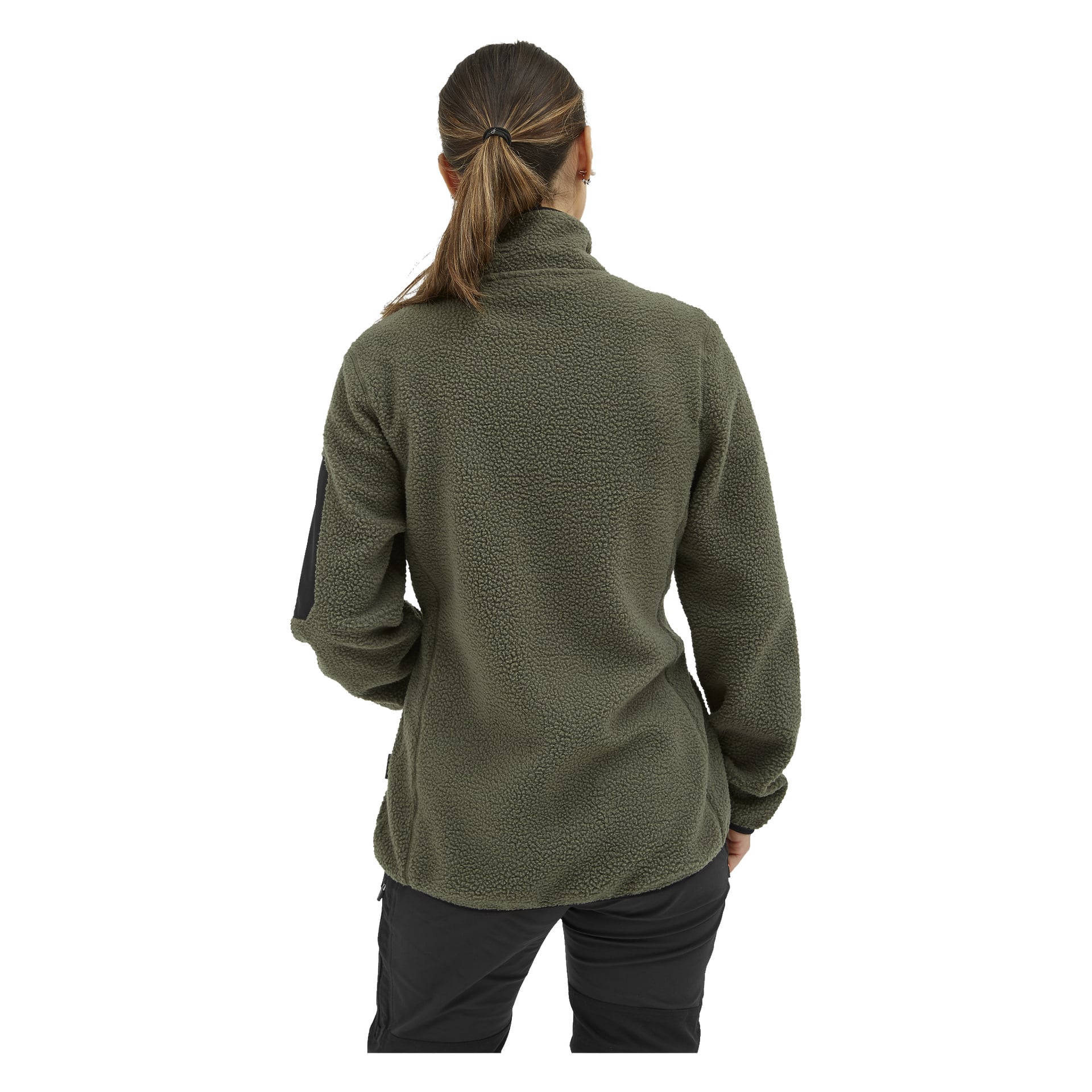 Sett bakfra bærer en person med brunt hår bundet i hestehale Kayoba Outdoor Woman's Ljusdal fleecejakke i olivengrønt sammen med svarte bukser. Jakken har høy krage og gir et mykt, teksturert utseende.
