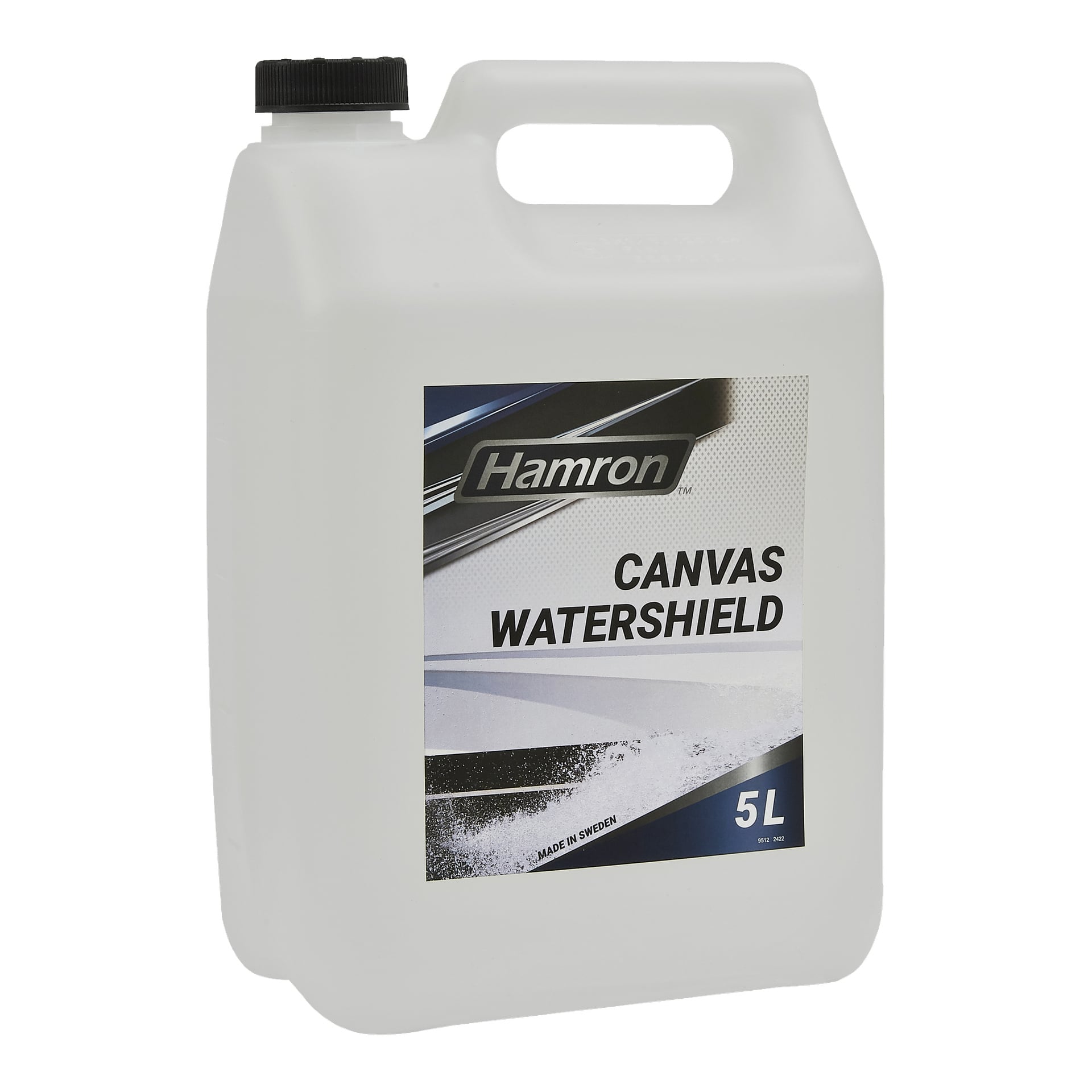 En 5-liters Hamron Cover vattentätningsbehållare gjord av plast, med svart skruvlock och integrerat handtag. Dess etikett visar varumärket och produktnamnet tillsammans med grafiska designer, och innehåller även texten "Made in Sweden.
