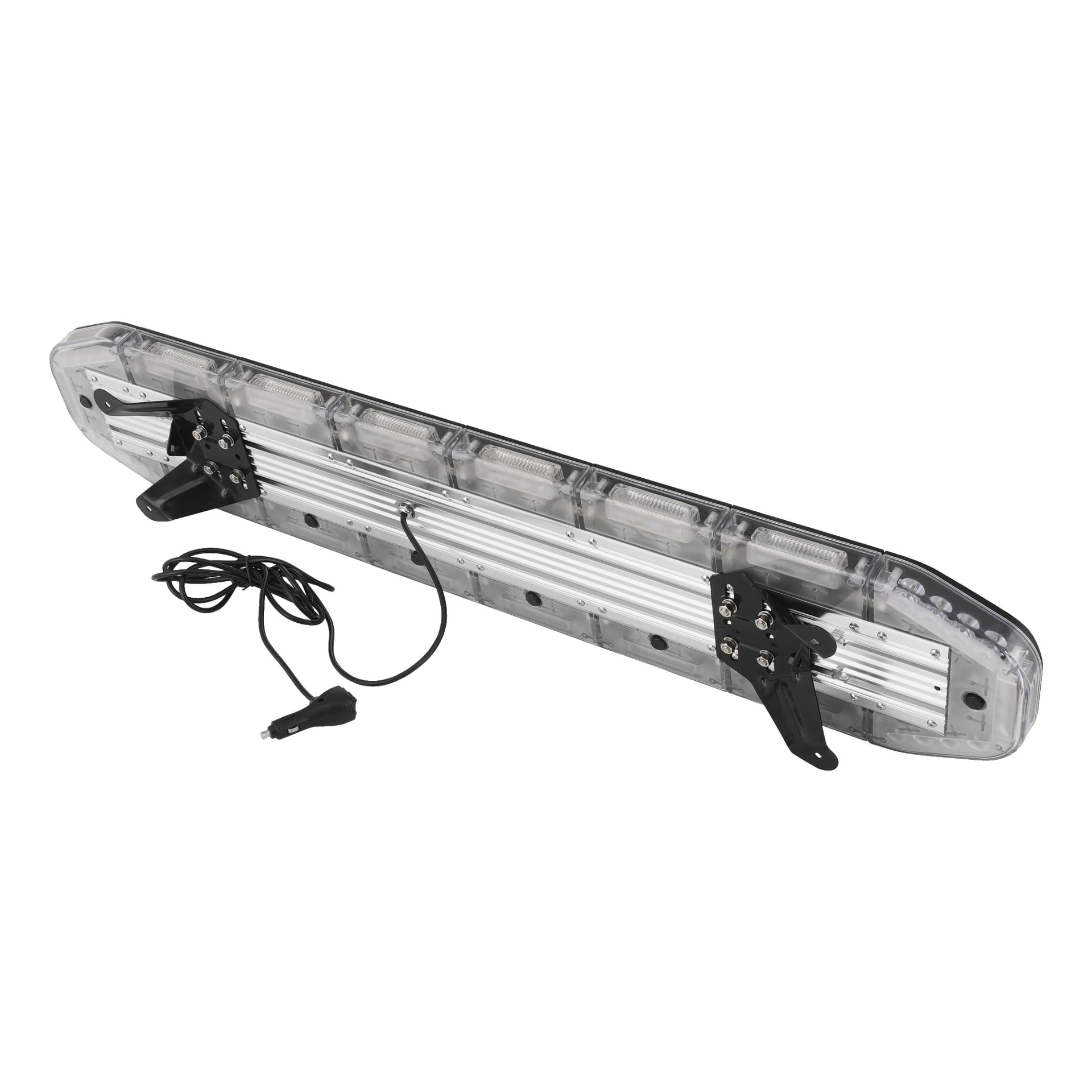 Z tyłu wyświetlana jest rampa lampy Hamron z magnetycznym załącznikiem LED, na której widać przezroczysty plastikowy pręt, metalowe uchwyty montażowe oraz kabel zasilający kończący się wtyczką samochodową.