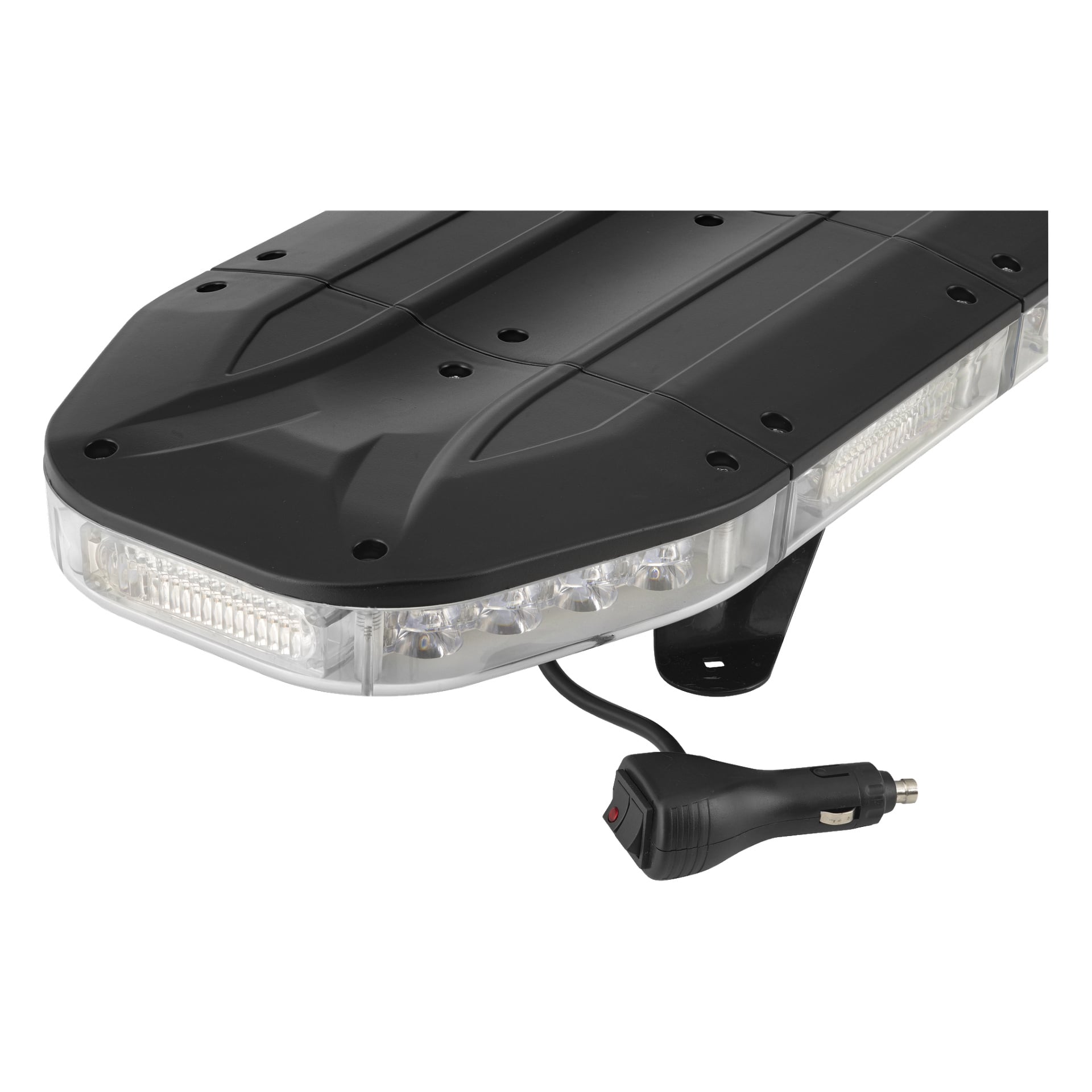 Szczegółowy widok rampy lampy Hamron pokazuje jej magnetyczny komponent LED, czarno-przezroczystą kolorystykę oraz podłączony kabel zasilający kończący się wtyczką zapalniczki samochodowej z czerwonym przełącznikiem.