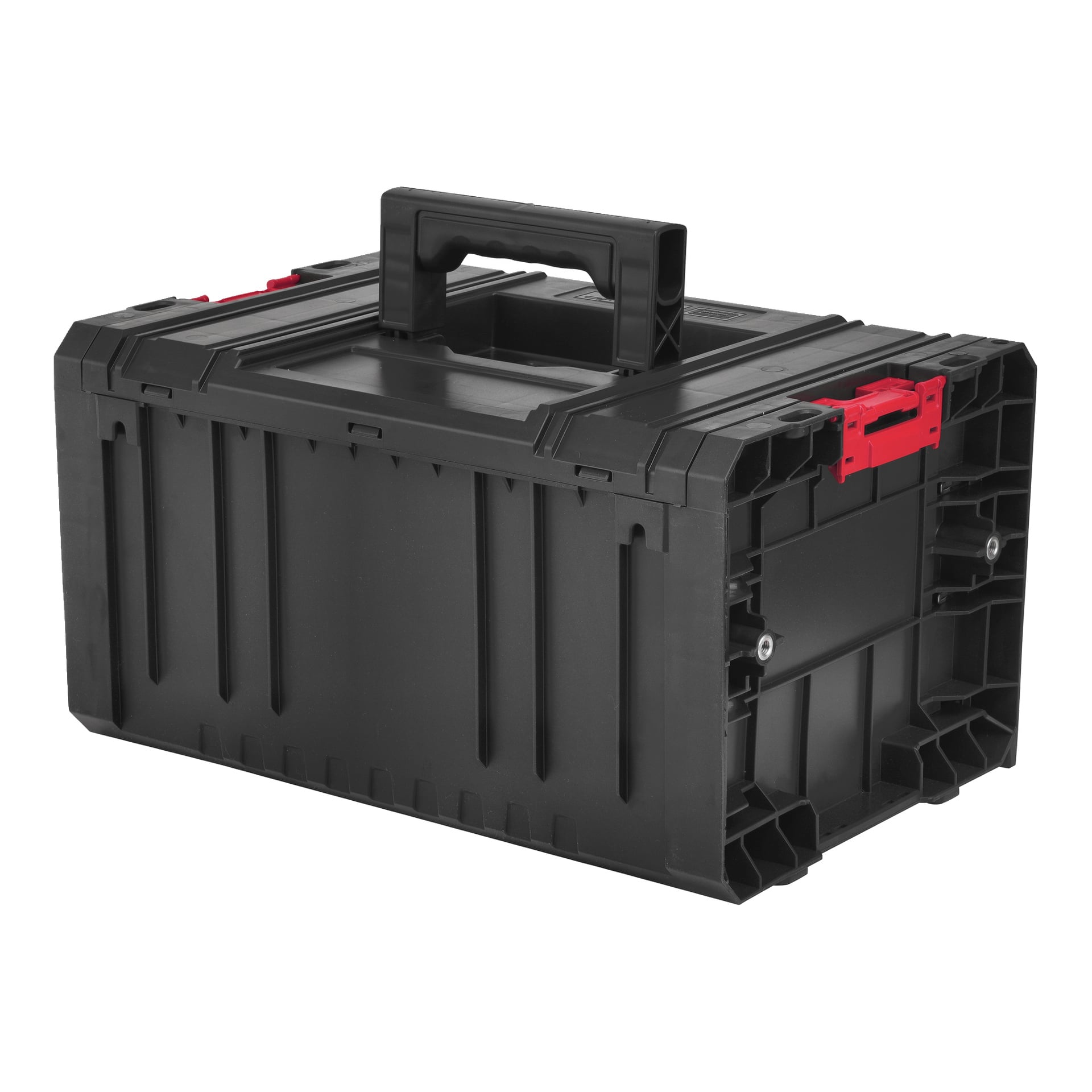 Ett svart plast-Meec Tools Modulboxsystem: V med ett robust översta handtag och röda hörnlås.