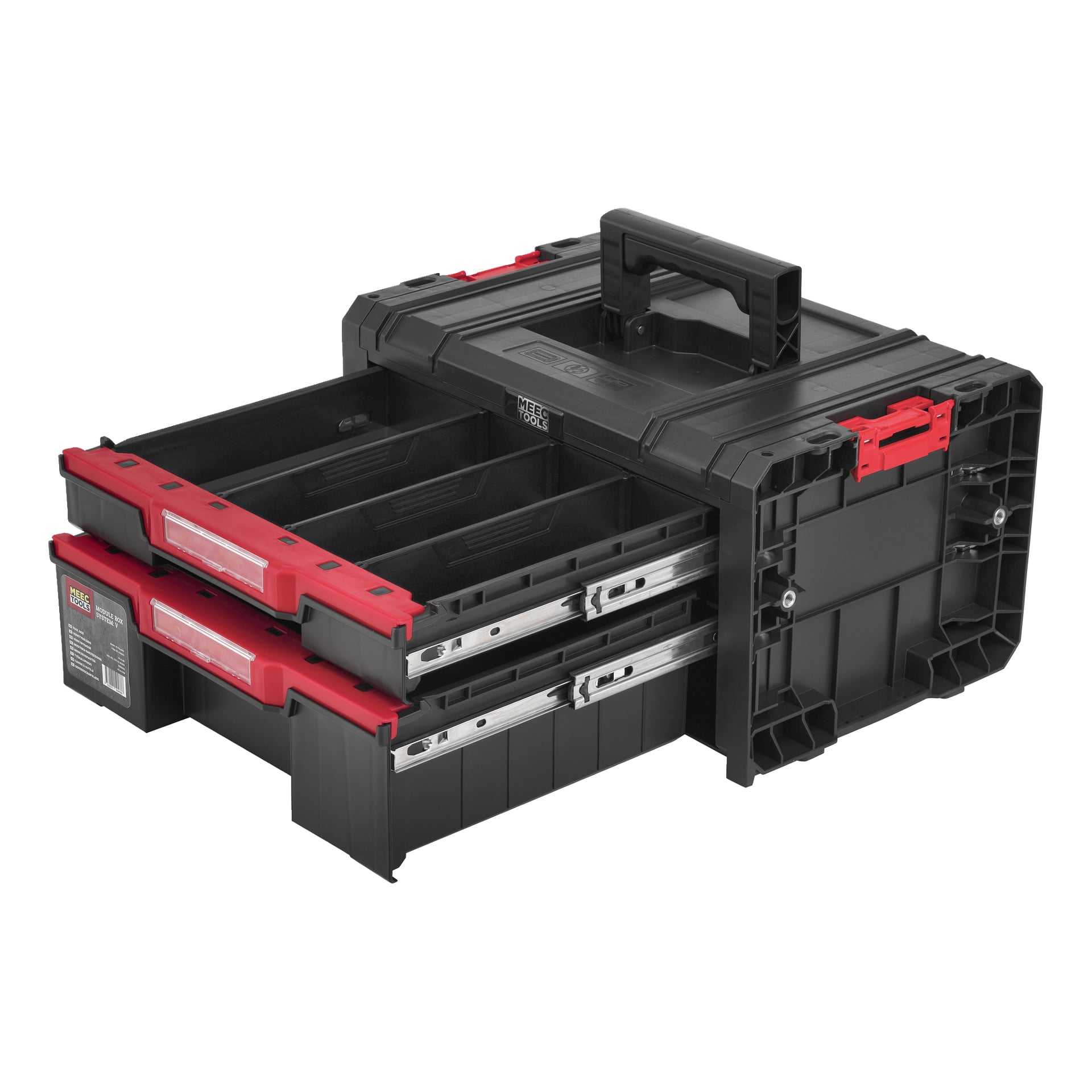 Meec Tools Tool Box Module Box System: V är en svart och röd plastverktygslåda med ett översta handtag, två framlådor som är lätt öppna och visar fackavdelare inuti, samt ett lås på sidan. Lådorna rör sig smidigt längs metallskenor.