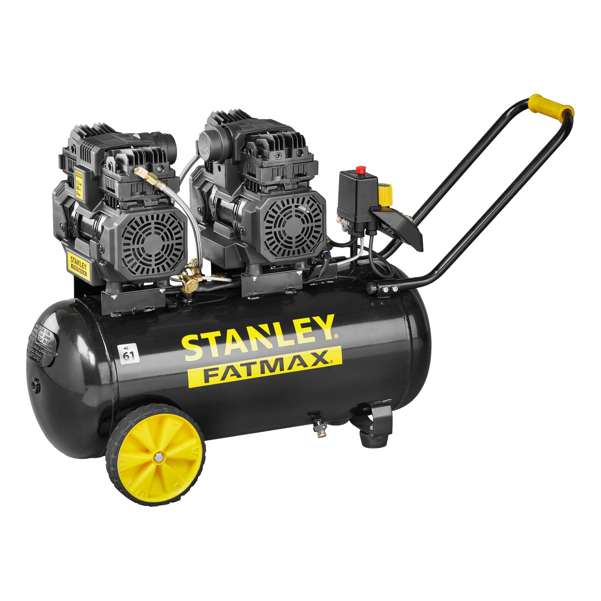 En svart Stanley Fatmax-kompressor FMXCMS3050HE med gule hjul og håndtak, utstyrt med to motorer montert på toppen og trykkmålere plassert foran.