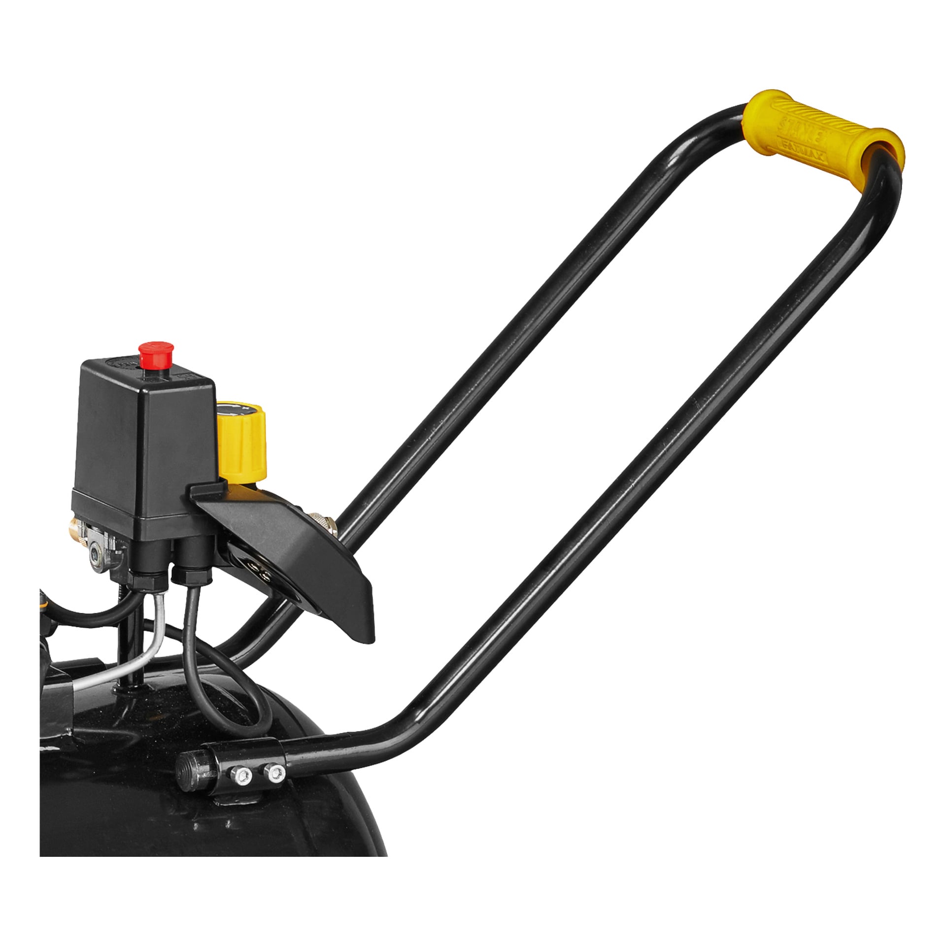 Nærbilde av Stanley Fatmax Compressor FMXCMS3050HE, med fokus på det svarte metallstyret med gult grep og en kontrollboks med rød knapp og gul skive.