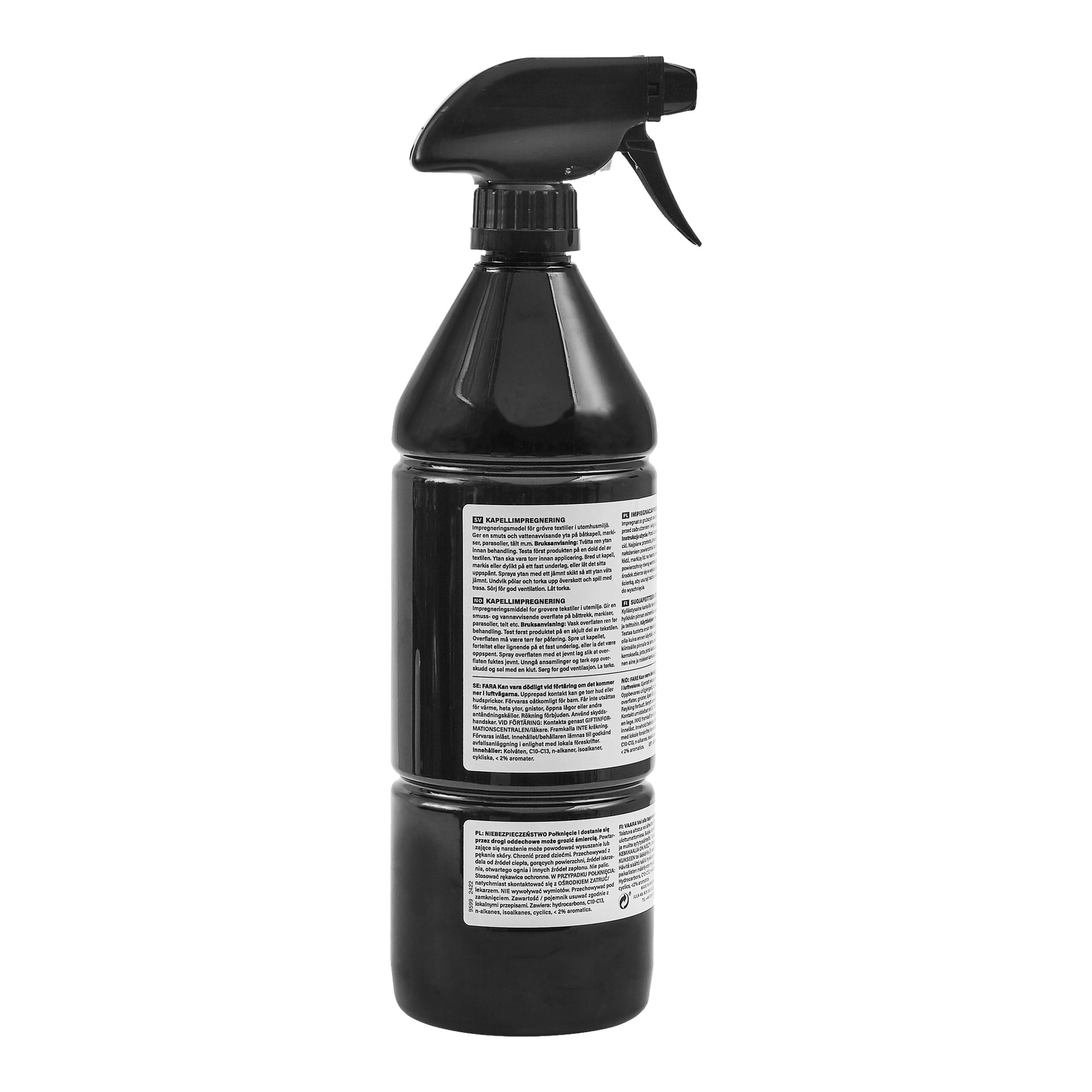 En svart plastsprayflaska med Hamron Cover vattentäthet med avtryckarmunstycke och vita etiketter med text.