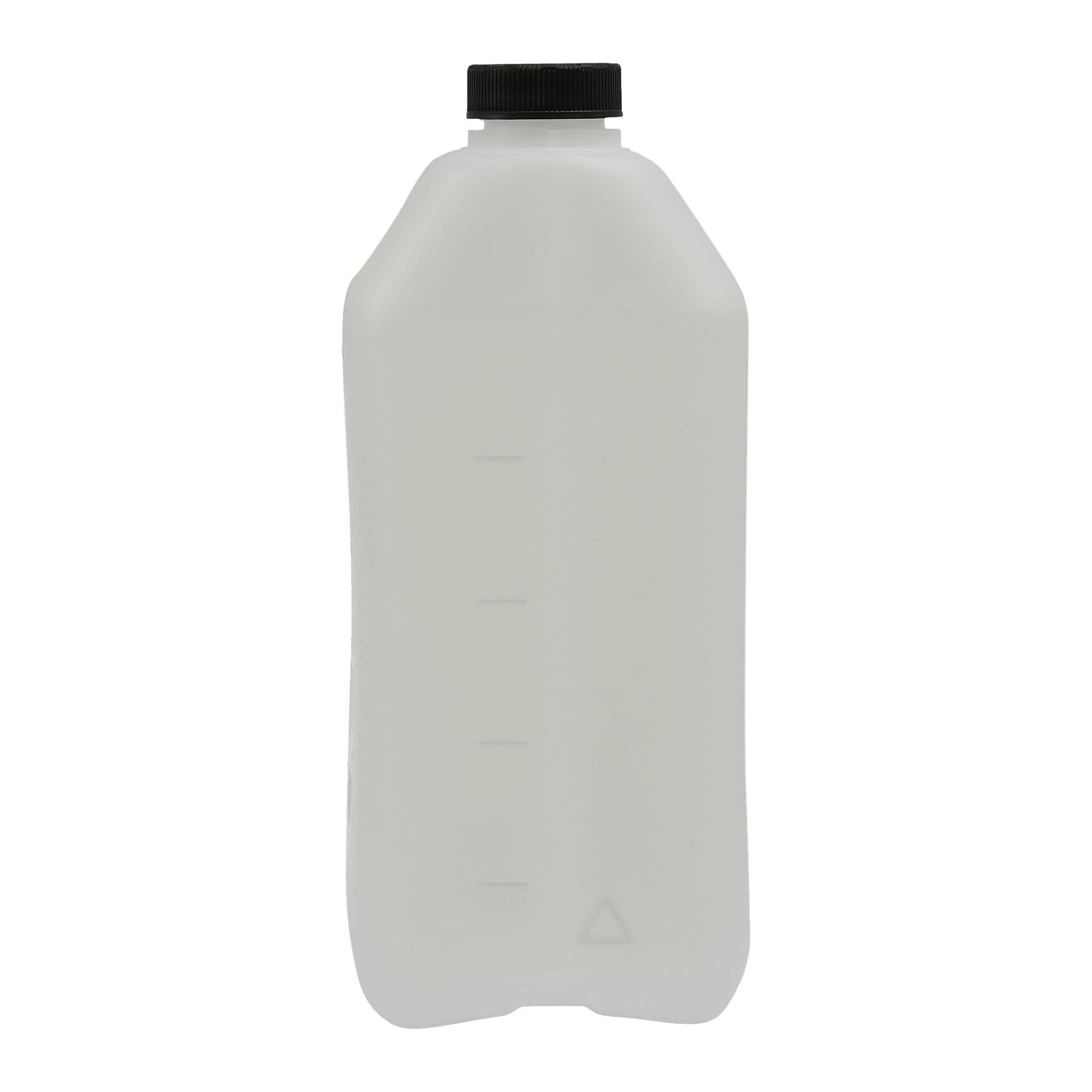 En genomskinlig rektangulär plastflaska med Hamron Cover Waterproofing med svart skruvkork, subtila horisontella mätmärken längs sidan och en liten triangelsymbol nära basen. Flaskan ser tom ut.